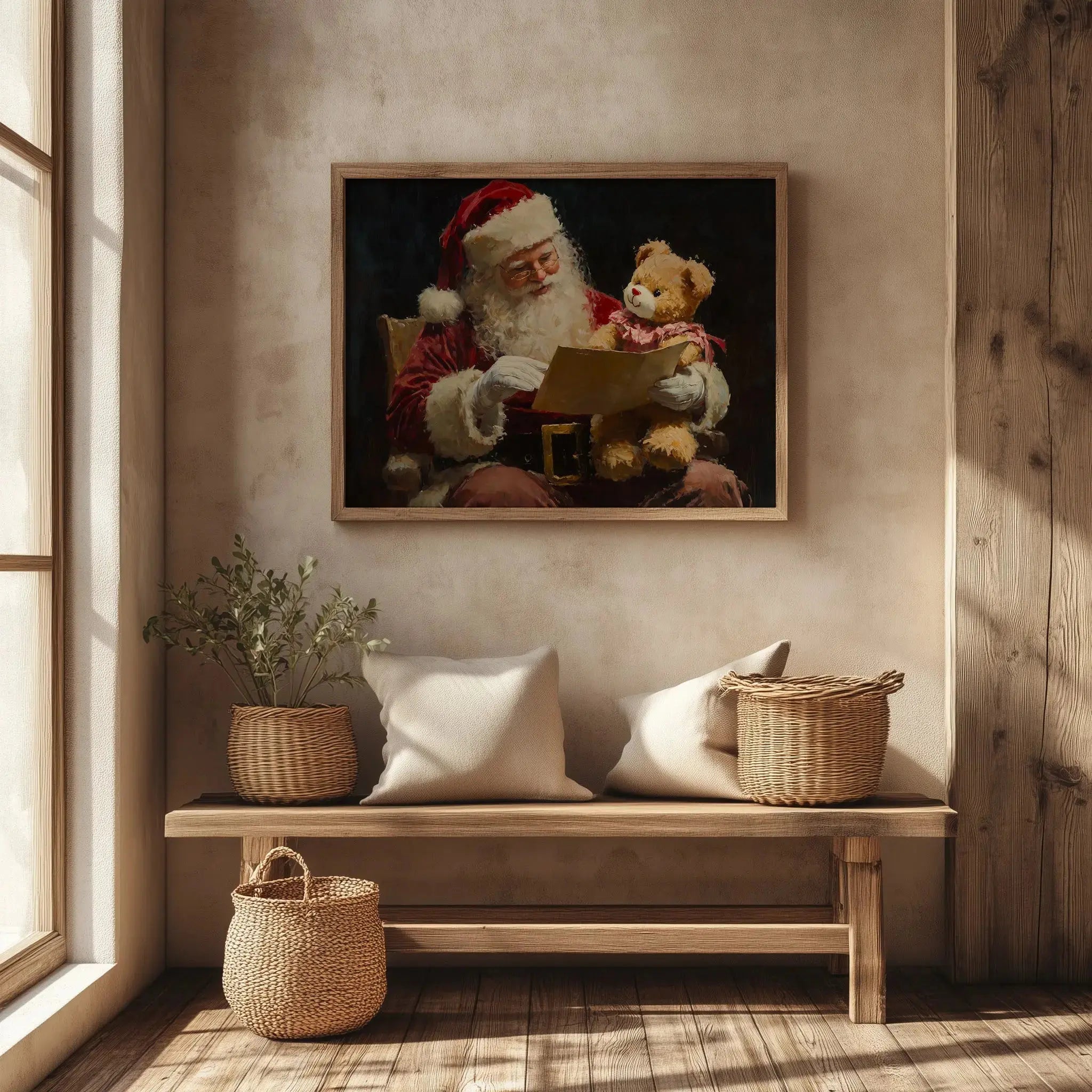 Santa Claus Reading Child’s Letter Wall Art, Horizontal Oil Painting, Christmas Digital Print with Teddy Bear Gift The VelvetPips Lab