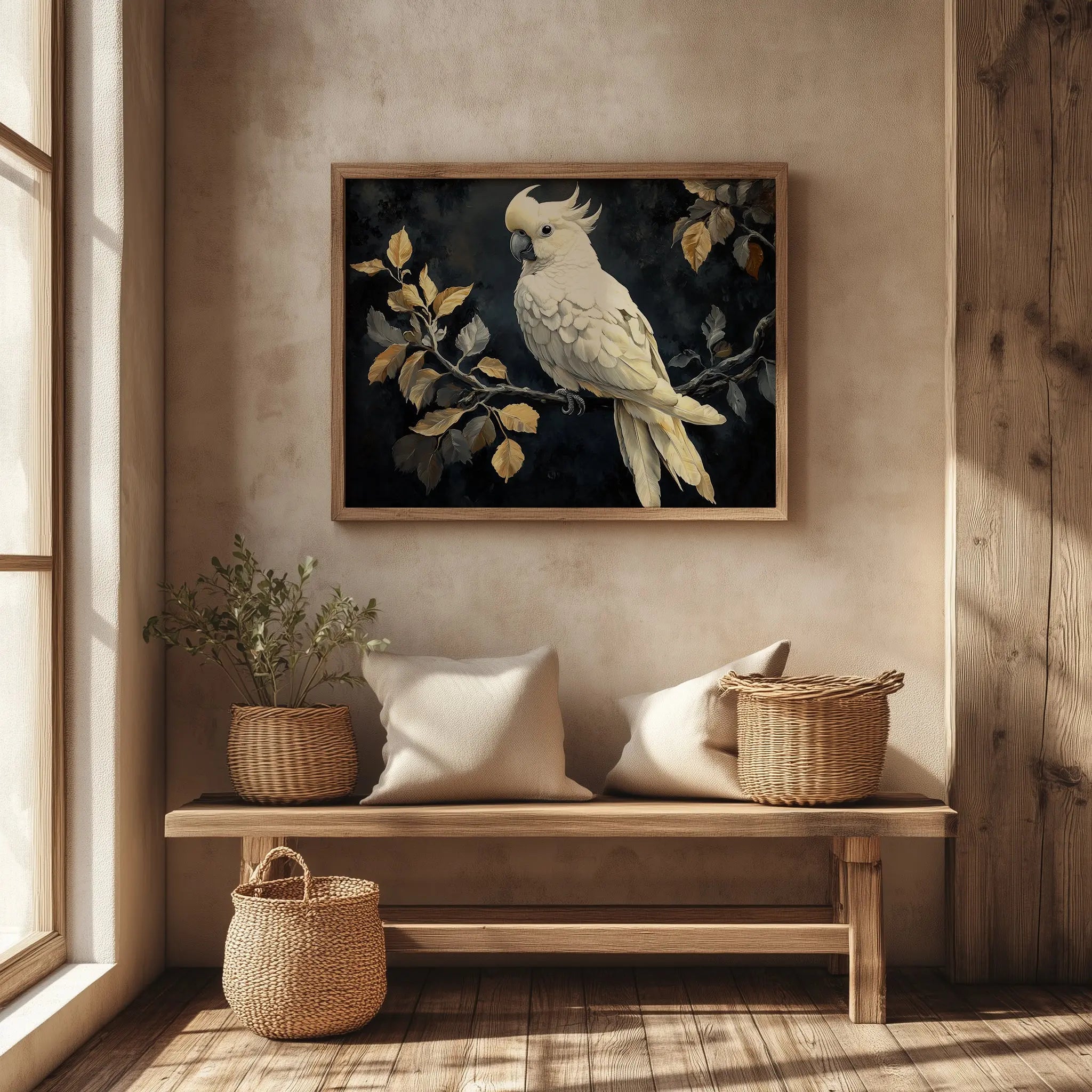 Elegant Cockatoo Wall Art, Oil Painting of White Cockatoo on Leafy Branch, Dramatic Black Background with Soft Highlights The VelvetPips Lab