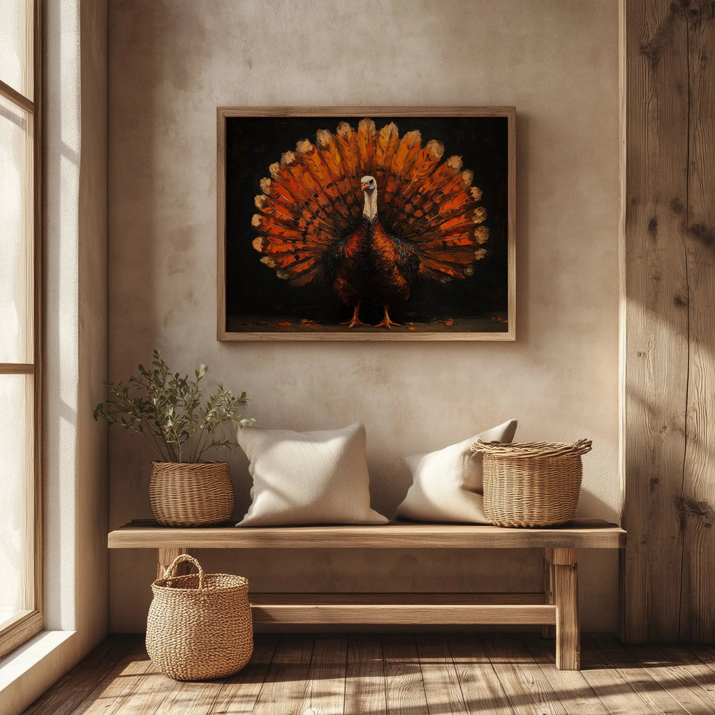 Thanksgiving Turkey Wall Art, Majestic Oil Painting with Full Plumage, Bronze and Gold Feathers in Dramatic Lighting The VelvetPips Lab