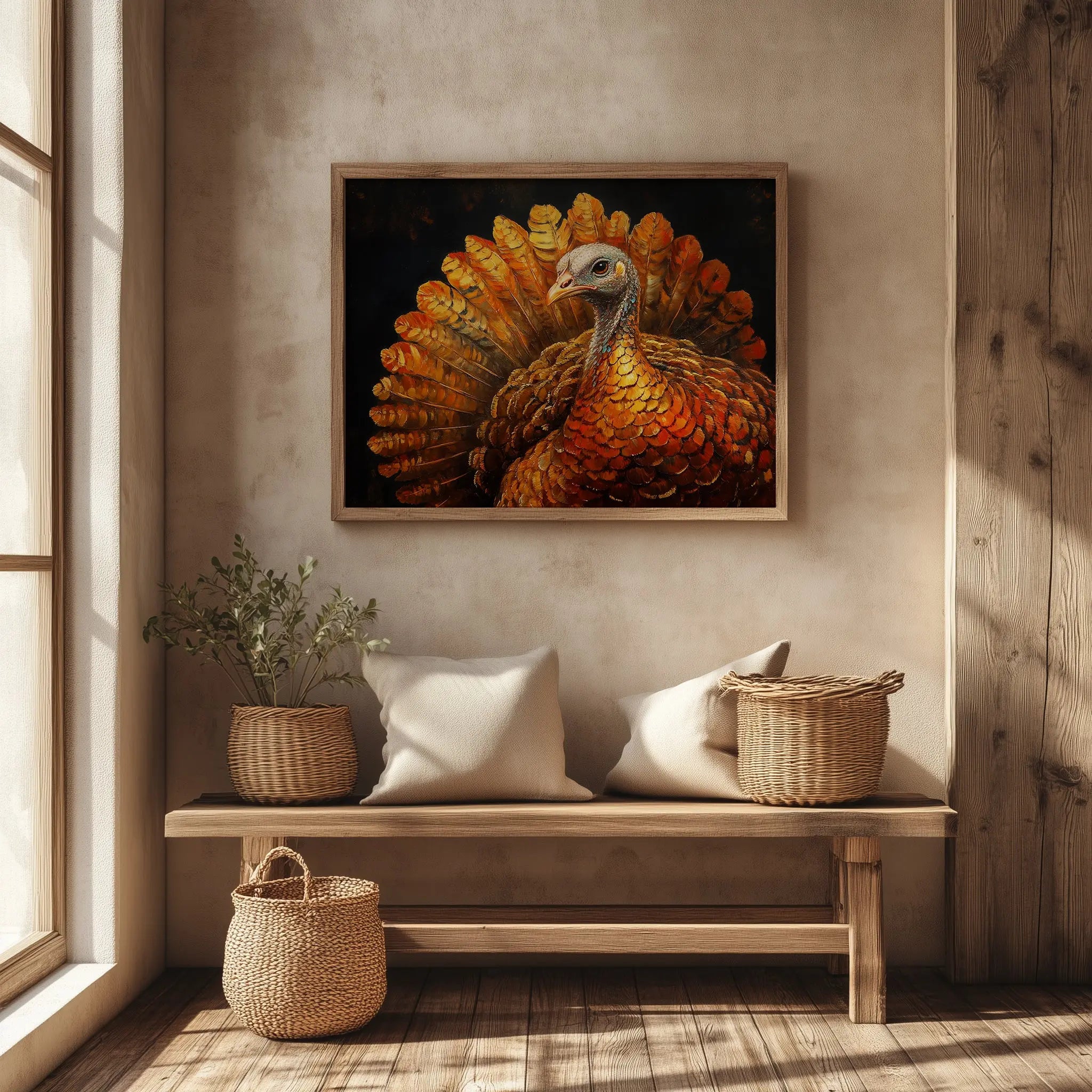 Thanksgiving Turkey Wall Art, Majestic Oil Painting with Golden Feathers, Dramatic Cinematic Lighting on Black Background The VelvetPips Lab