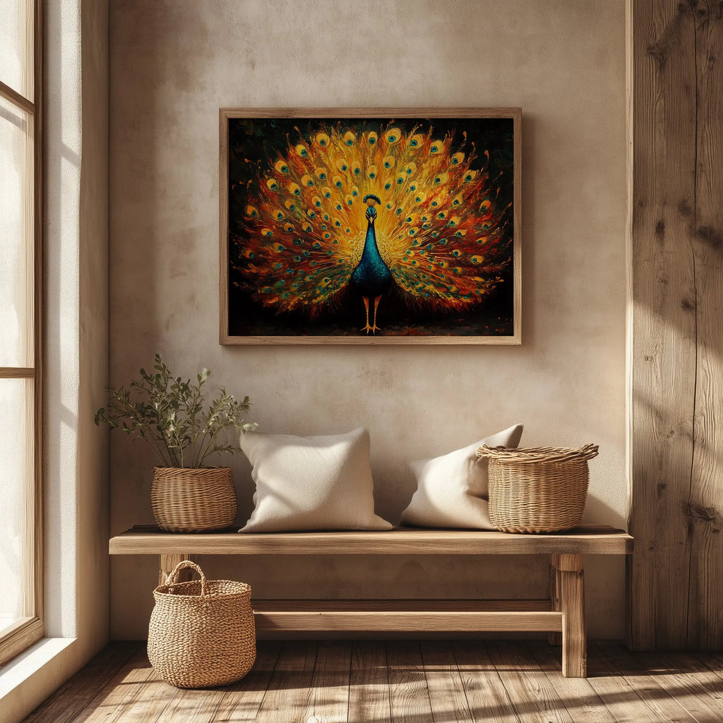 Regal Peacock Wall Art, Oil Painting of Vibrant Plumage Spread, Jewel Tone Feathers with Dramatic Contrast The VelvetPips Lab