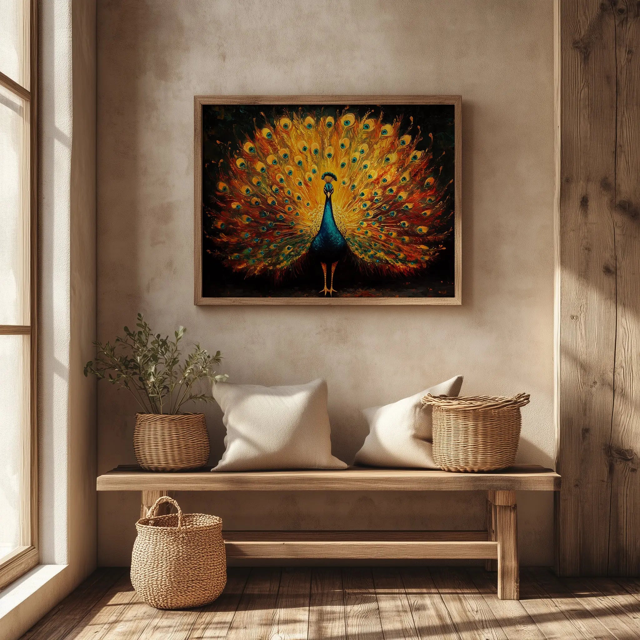Regal Peacock Wall Art, Oil Painting of Vibrant Plumage Spread, Jewel Tone Feathers with Dramatic Contrast The VelvetPips Lab