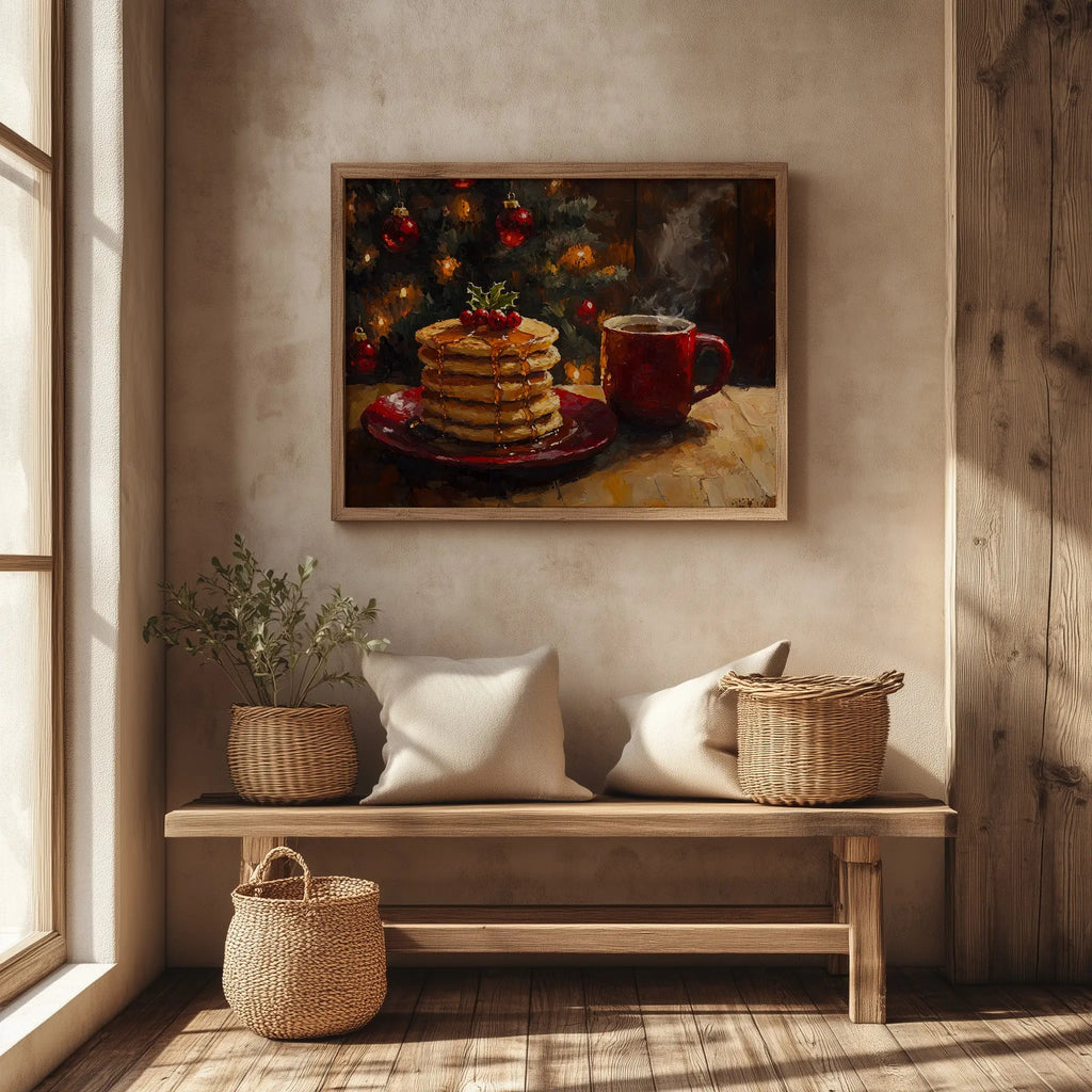 Pancakes with Honey and Coffee Wall Art, Christmas Morning Oil Painting, Cozy Holiday Kitchen Scene The VelvetPips Lab