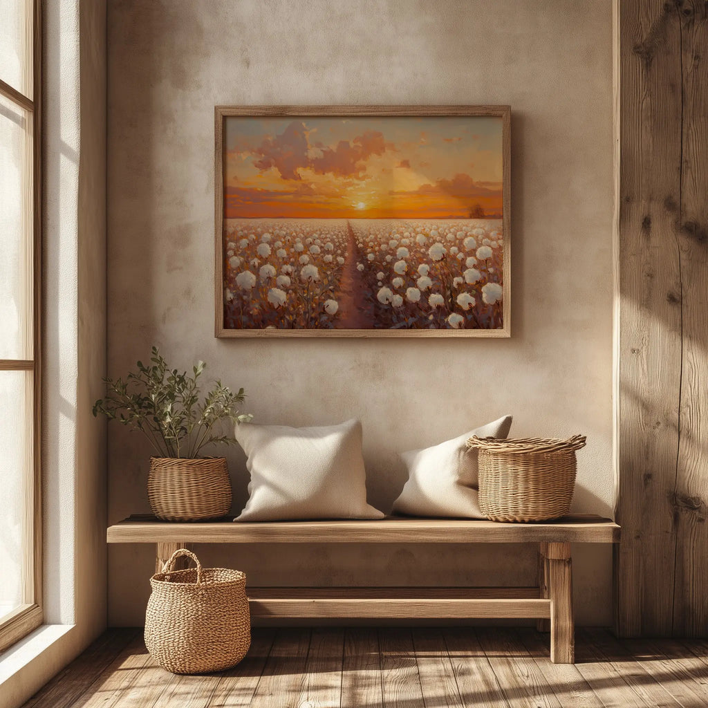 Cotton Field at Sunrise Wall Art, Oil Painting of Glowing Rows of Flowers, Peaceful Morning Landscape in Warm Hues The VelvetPips Lab