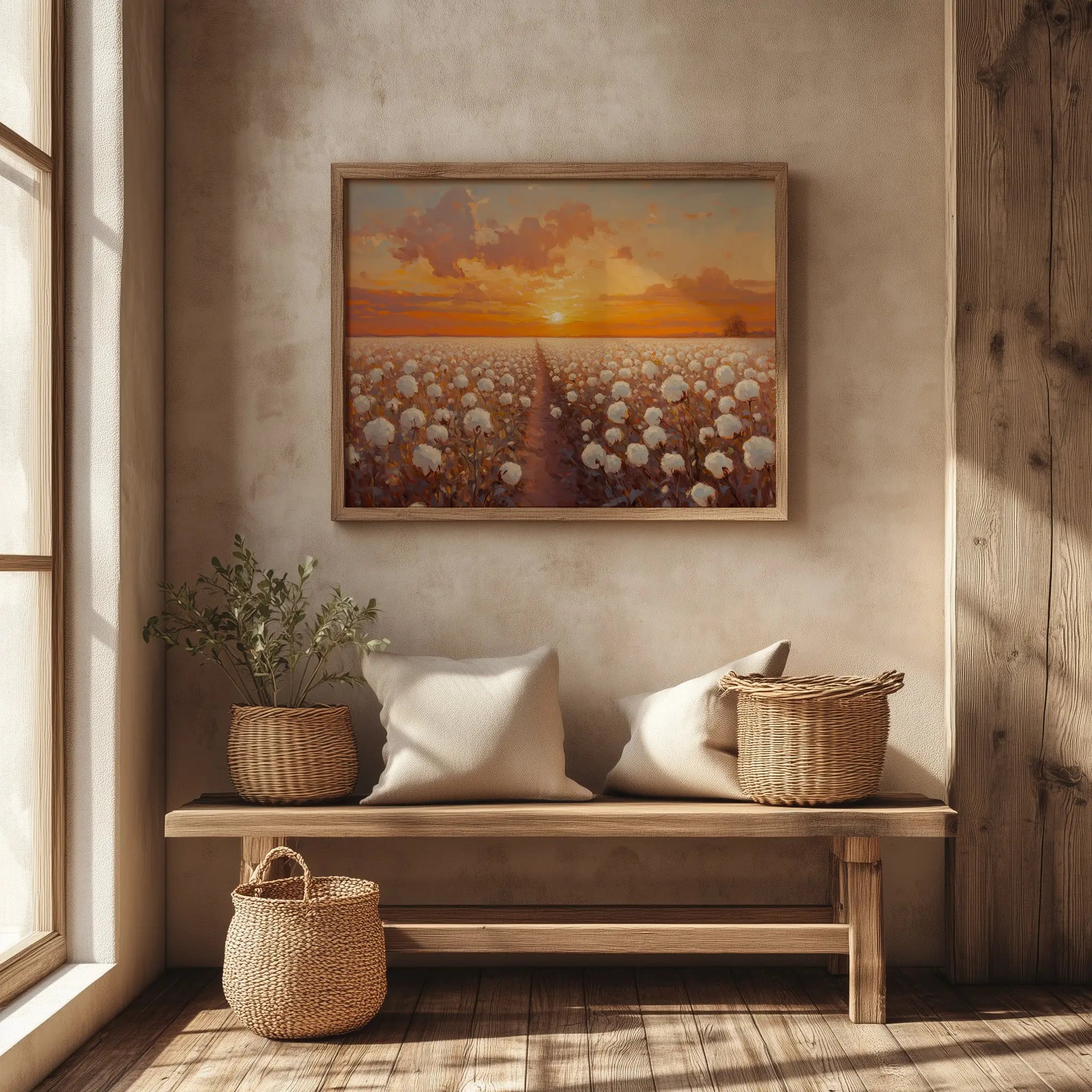 Cotton Field at Sunrise Wall Art, Oil Painting of Glowing Rows of Flowers, Peaceful Morning Landscape in Warm Hues The VelvetPips Lab