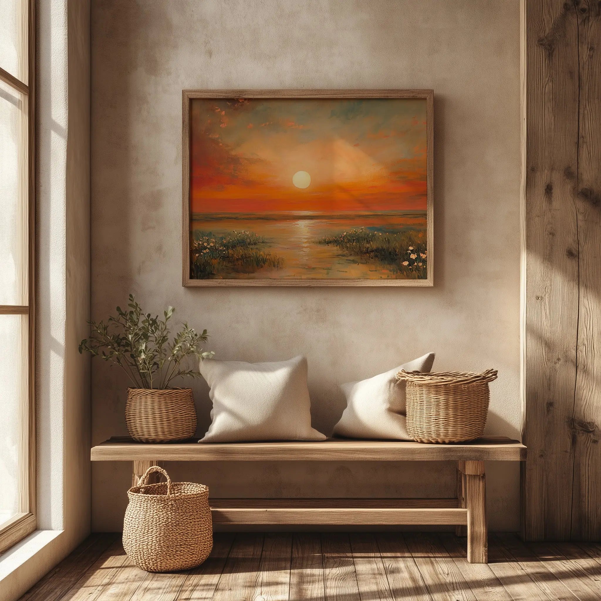 Wildflowers at Daybreak Wall Art, Oil Painting of Radiant Sunrise Landscape, Peaceful Wide-Field Nature Scene The VelvetPips Lab