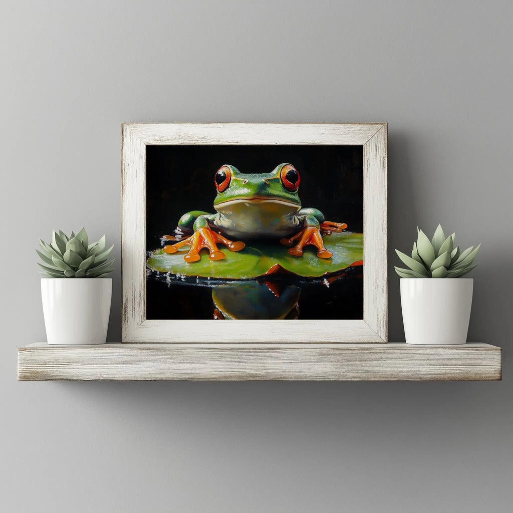 Elegant Frog on Water Lily Wall Art, Oil Painting of Vivid Green Frog with Glowing Highlights, Dramatic Black Background The VelvetPips Lab