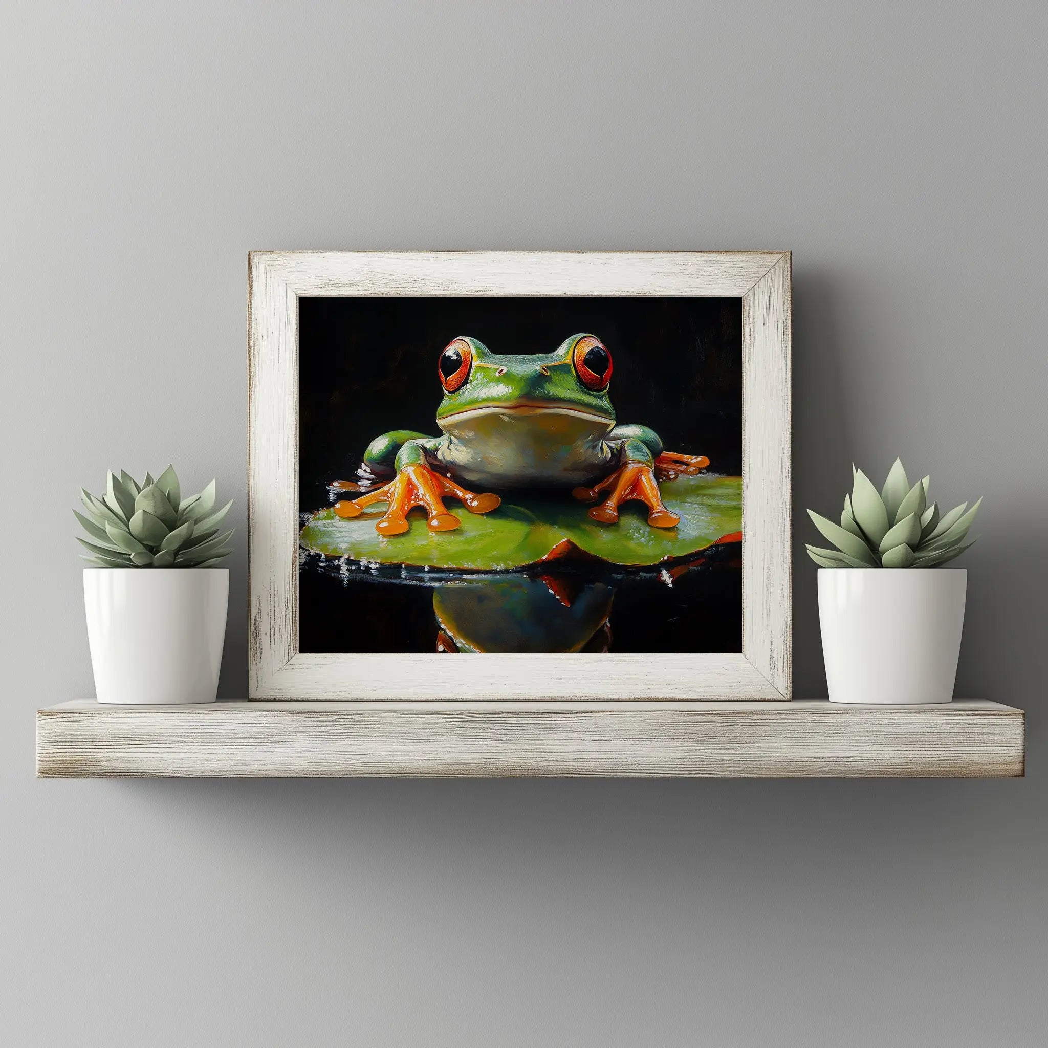 Elegant Frog on Water Lily Wall Art, Oil Painting of Vivid Green Frog with Glowing Highlights, Dramatic Black Background The VelvetPips Lab