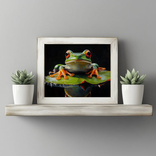 Elegant Frog on Water Lily Wall Art, Oil Painting of Vivid Green Frog with Glowing Highlights, Dramatic Black Background The VelvetPips Lab