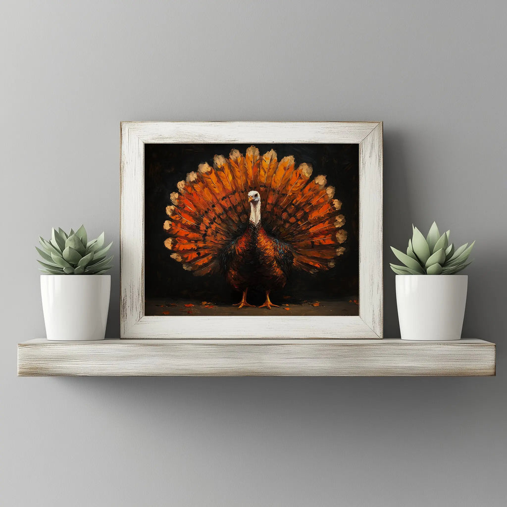 Thanksgiving Turkey Wall Art, Majestic Oil Painting with Full Plumage, Bronze and Gold Feathers in Dramatic Lighting The VelvetPips Lab