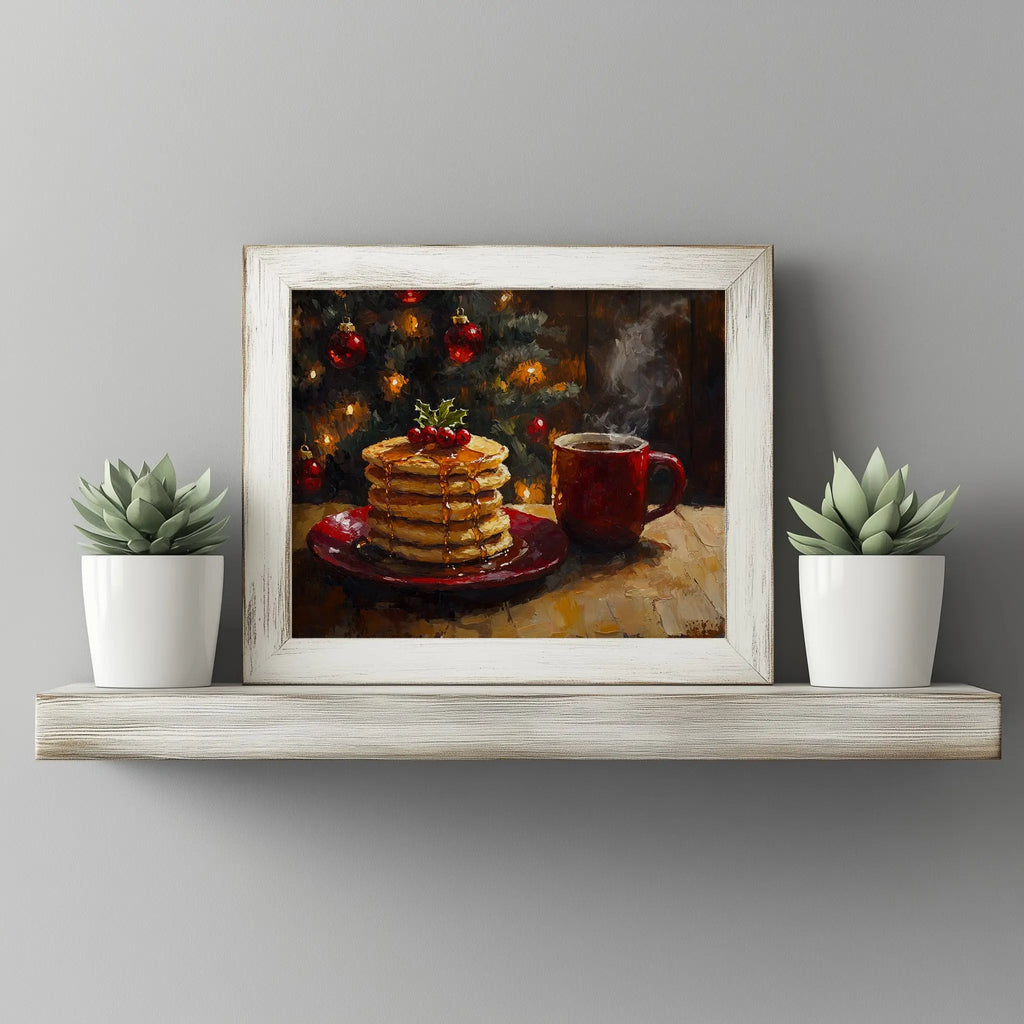 Pancakes with Honey and Coffee Wall Art, Christmas Morning Oil Painting, Cozy Holiday Kitchen Scene The VelvetPips Lab