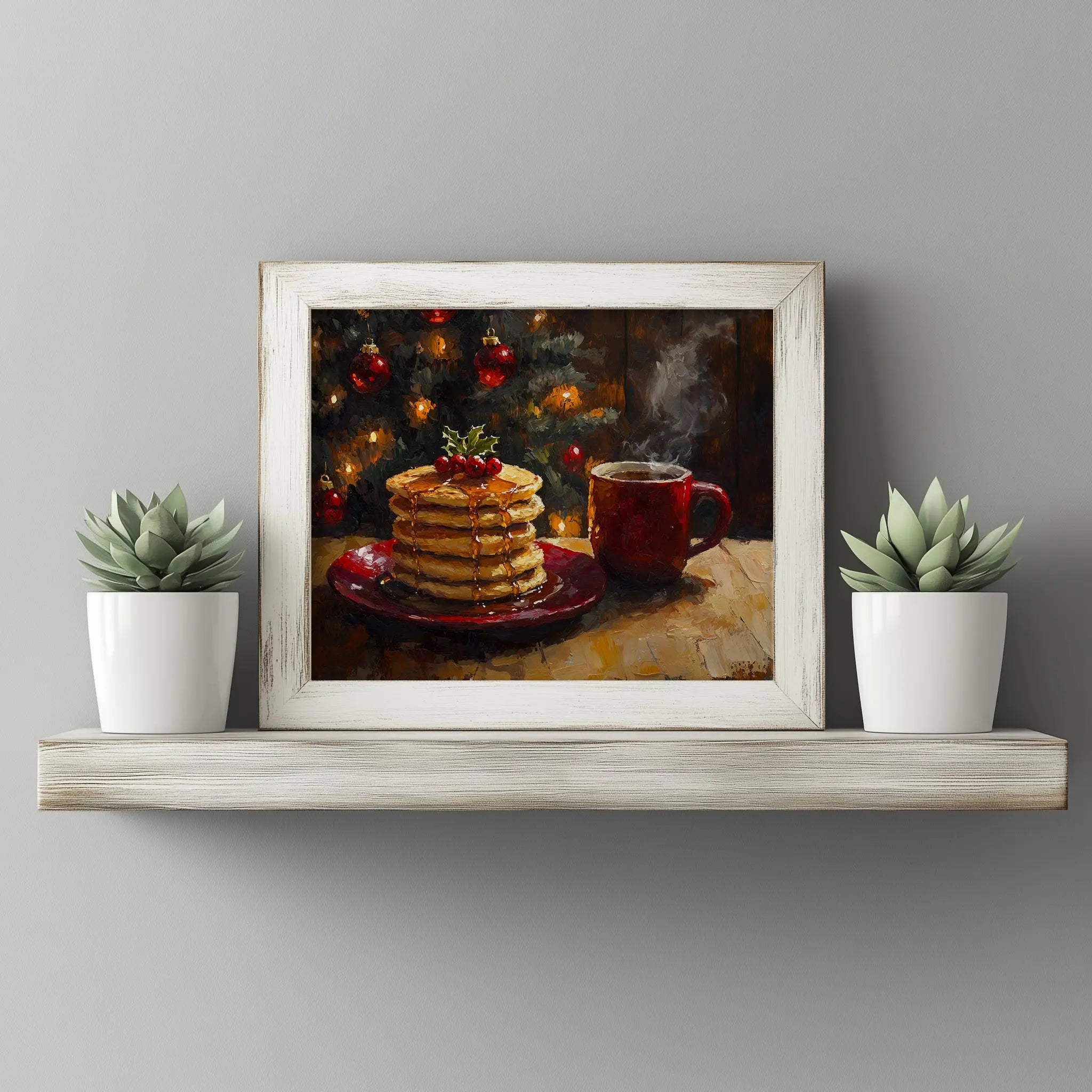 Pancakes with Honey and Coffee Wall Art, Christmas Morning Oil Painting, Cozy Holiday Kitchen Scene The VelvetPips Lab