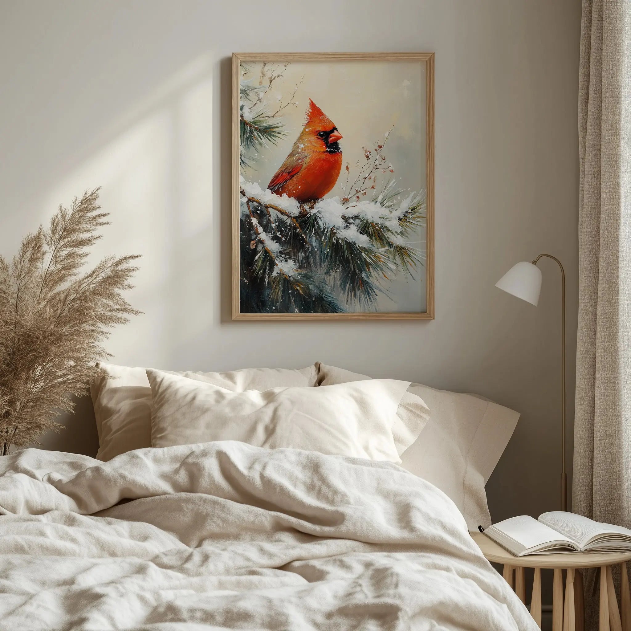 Cardinal on Snowy Pine Branch Wall Art, Winter Still Life Oil Painting, Vibrant Red Bird in Serene Forest Scene The VelvetPips Lab