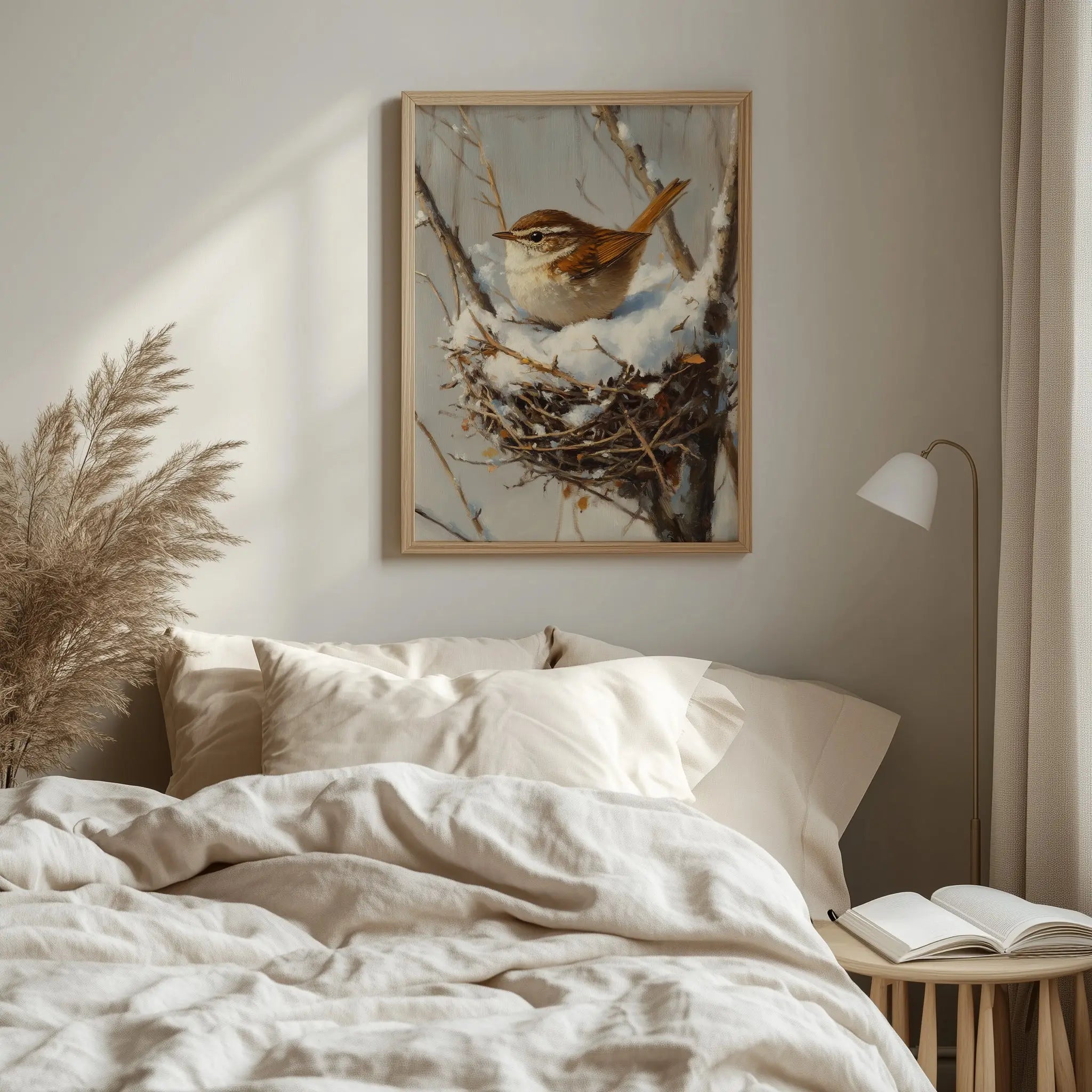 Winter Wren in Snow-Filled Nest Wall Art, Still Life Oil Painting, Peaceful Bird Scene in Bare Winter Tree The VelvetPips Lab