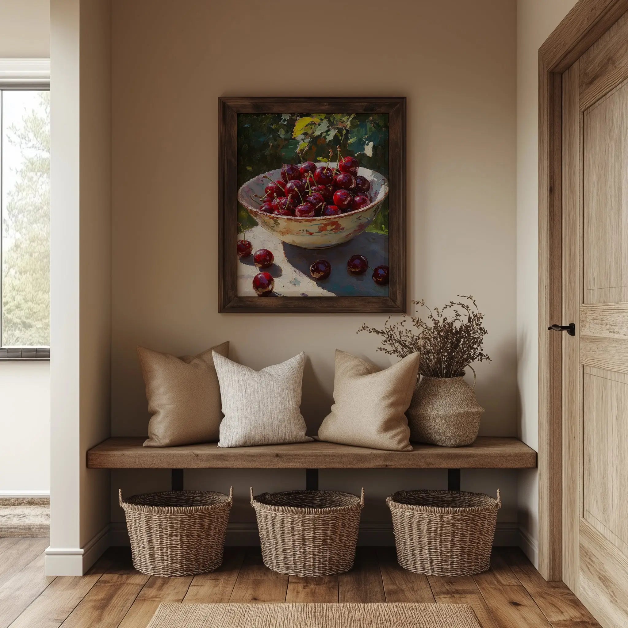 Cherries in Ceramic Bowl Wall Art, Still Life Oil Painting, Rich Crimson Fruit with Sunlit Glossy Skins The VelvetPips Lab