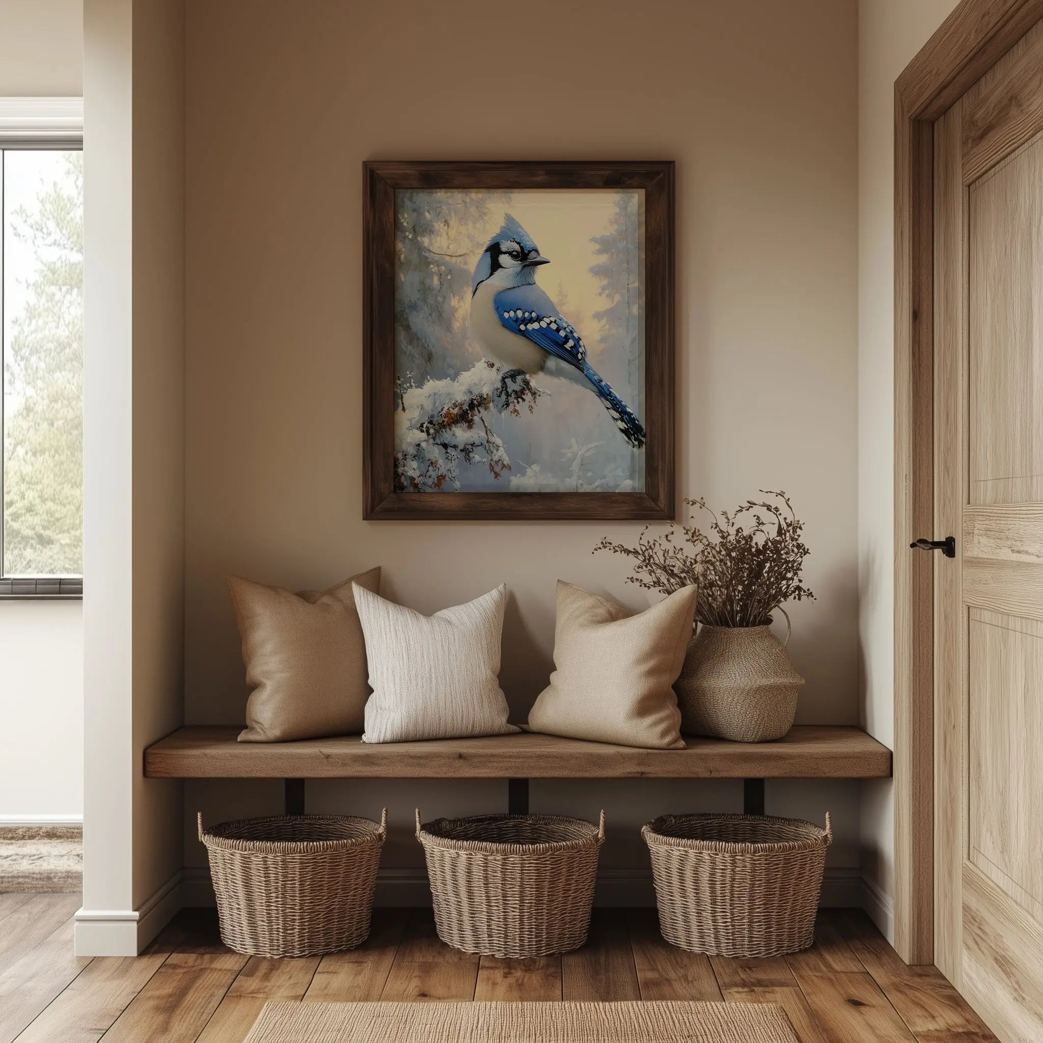 Blue Jay on Frosted Branch Wall Art, Winter Still Life Oil Painting, Snowy Trees and Morning Sky, Cozy Nature Scene The VelvetPips Lab