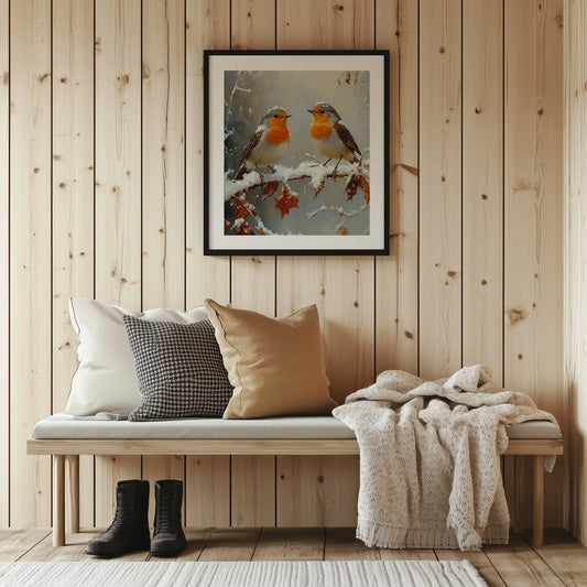 Pair of Robins on Frosty Branch Wall Art, Winter Still Life Oil Painting, Snowy Garden Scene with Peaceful Holiday Ambiance The VelvetPips Lab