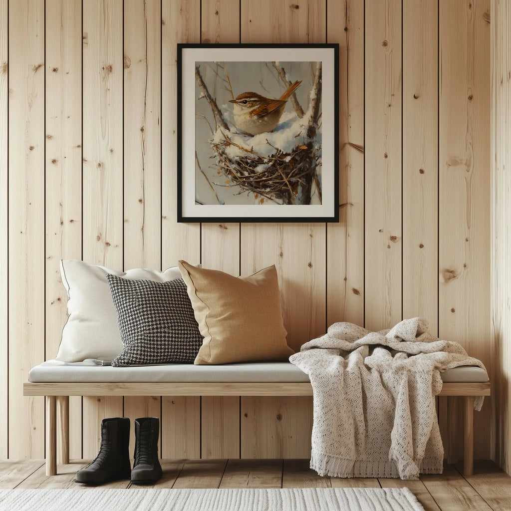 Winter Wren in Snow-Filled Nest Wall Art, Still Life Oil Painting, Peaceful Bird Scene in Bare Winter Tree The VelvetPips Lab