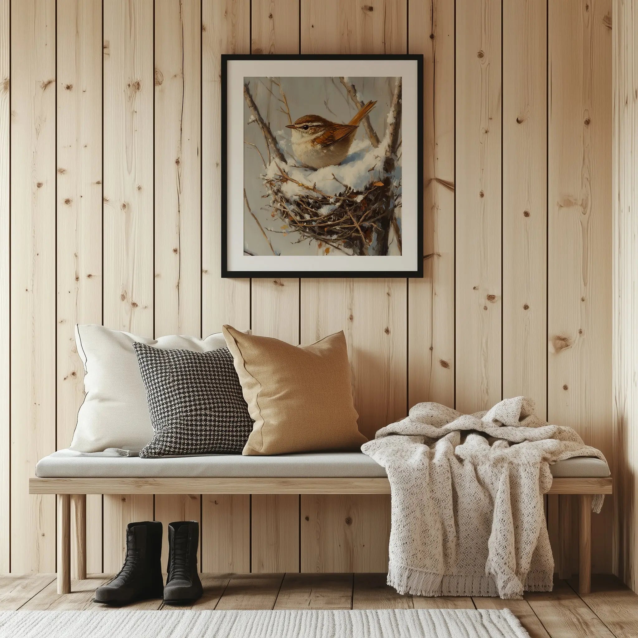 Winter Wren in Snow-Filled Nest Wall Art, Still Life Oil Painting, Peaceful Bird Scene in Bare Winter Tree The VelvetPips Lab