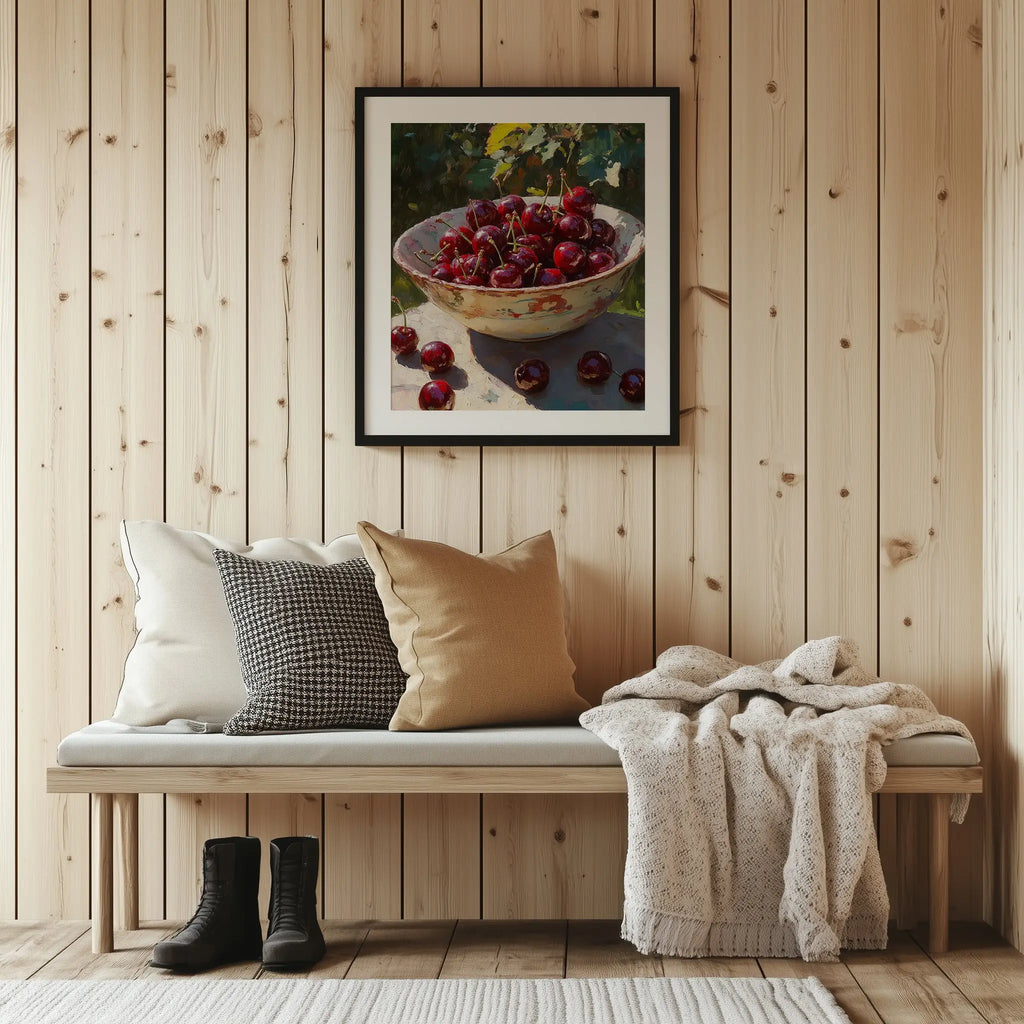 Cherries in Ceramic Bowl Wall Art, Still Life Oil Painting, Rich Crimson Fruit with Sunlit Glossy Skins The VelvetPips Lab