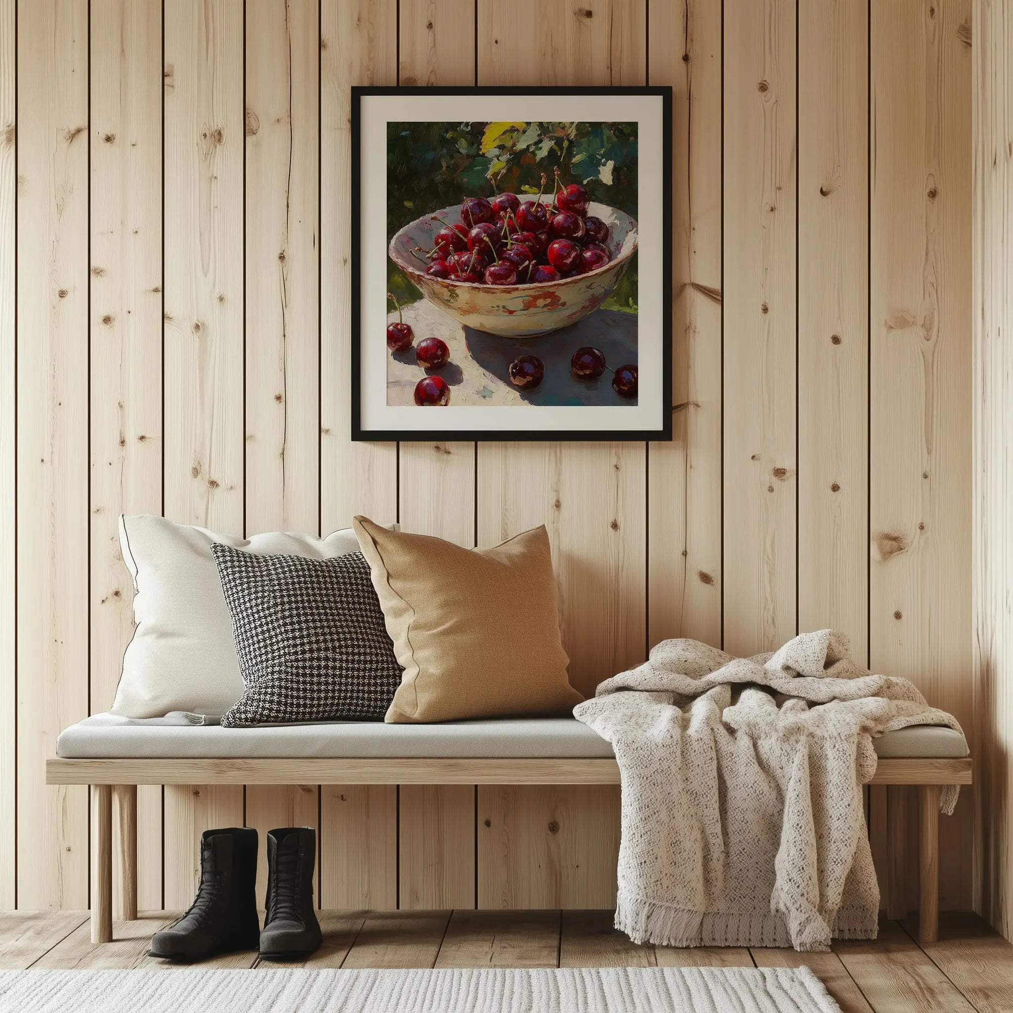 Cherries in Ceramic Bowl Wall Art, Still Life Oil Painting, Rich Crimson Fruit with Sunlit Glossy Skins The VelvetPips Lab