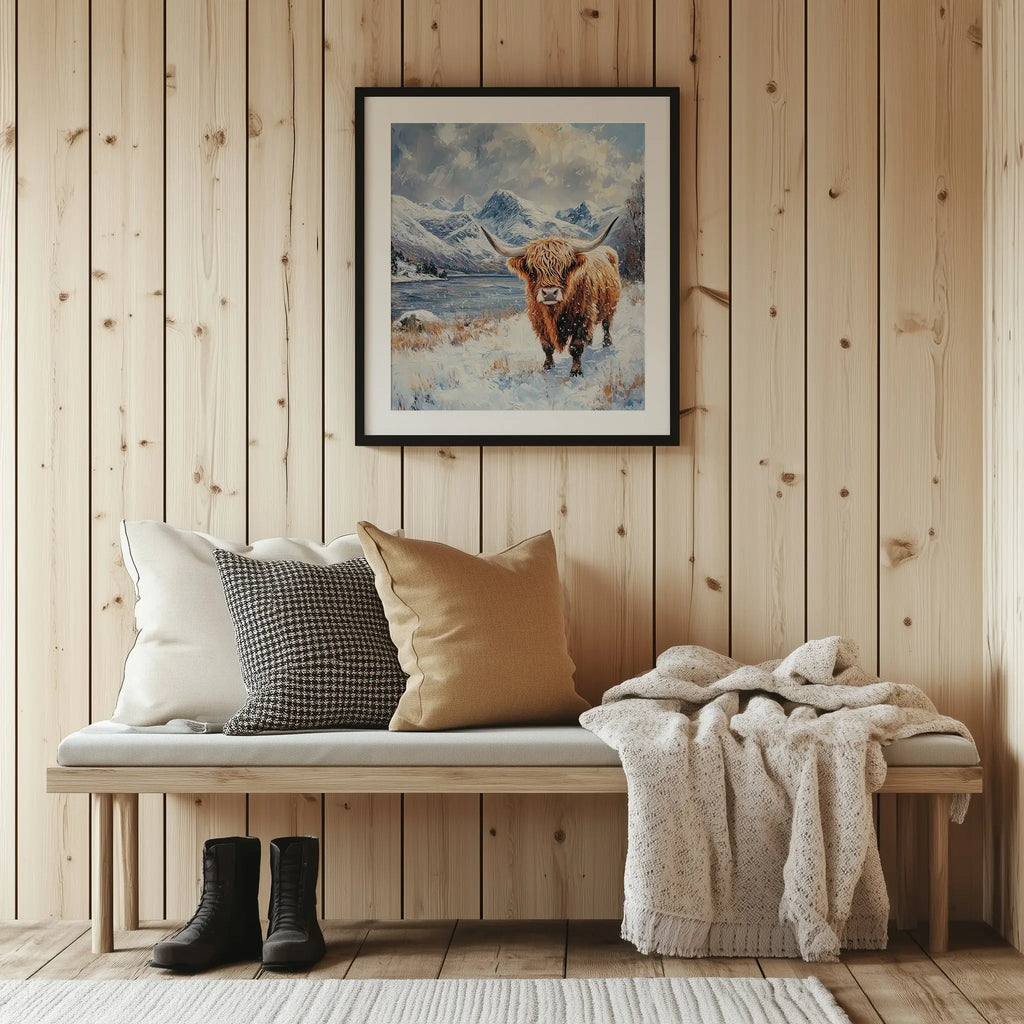 Scottish Highland Cow in Winter Wall Art, Oil Painting of Snowy Meadow and Rugged Mountains, Rustic Farmhouse Animal Print The VelvetPips Lab