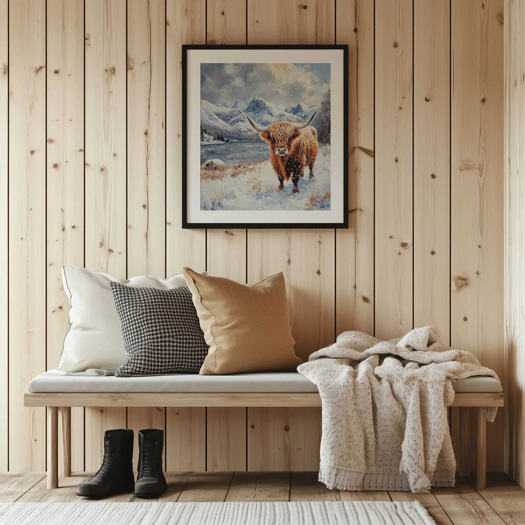 Scottish Highland Cow in Winter Wall Art, Oil Painting of Snowy Meadow and Rugged Mountains, Rustic Farmhouse Animal Print The VelvetPips Lab