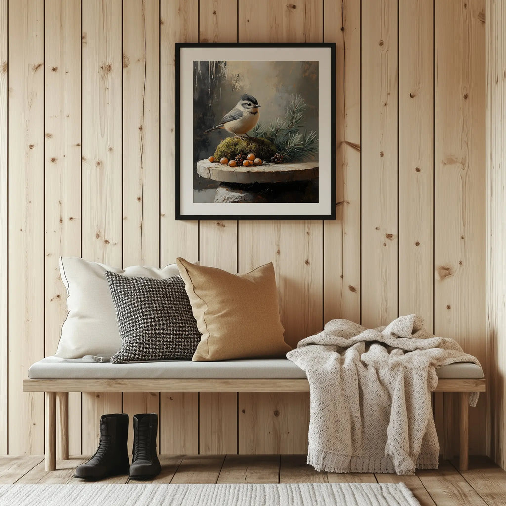 Tufted Titmouse on Mossy Stones Wall Art, Winter Still Life Oil Painting, Sunlit Evergreen Sprigs, Cozy Nature Scene The VelvetPips Lab