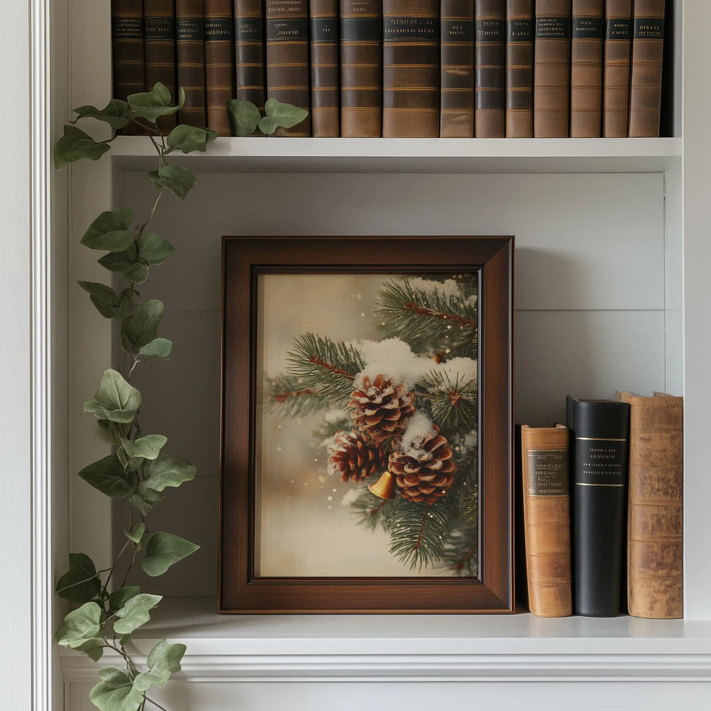 Fir Branch with Snow and Pinecones Christmas Wall Art, Vintage Holiday Oil Painting, Golden Bells and Red Ribbon, Cozy Festive Scene The VelvetPips Lab