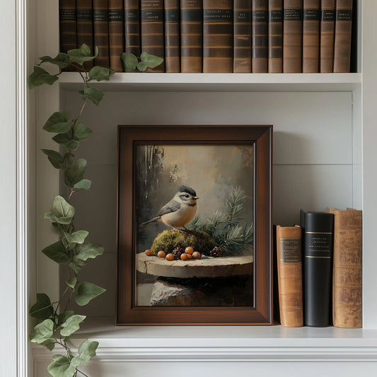 Tufted Titmouse on Mossy Stones Wall Art, Winter Still Life Oil Painting, Sunlit Evergreen Sprigs, Cozy Nature Scene The VelvetPips Lab