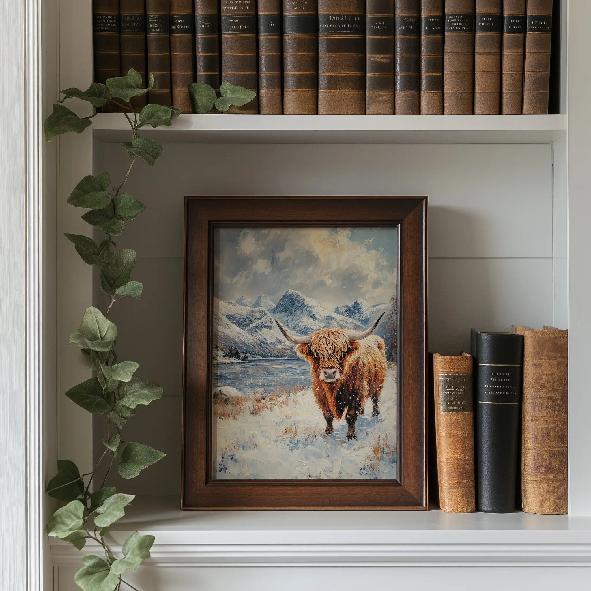 Scottish Highland Cow in Winter Wall Art, Oil Painting of Snowy Meadow and Rugged Mountains, Rustic Farmhouse Animal Print The VelvetPips Lab