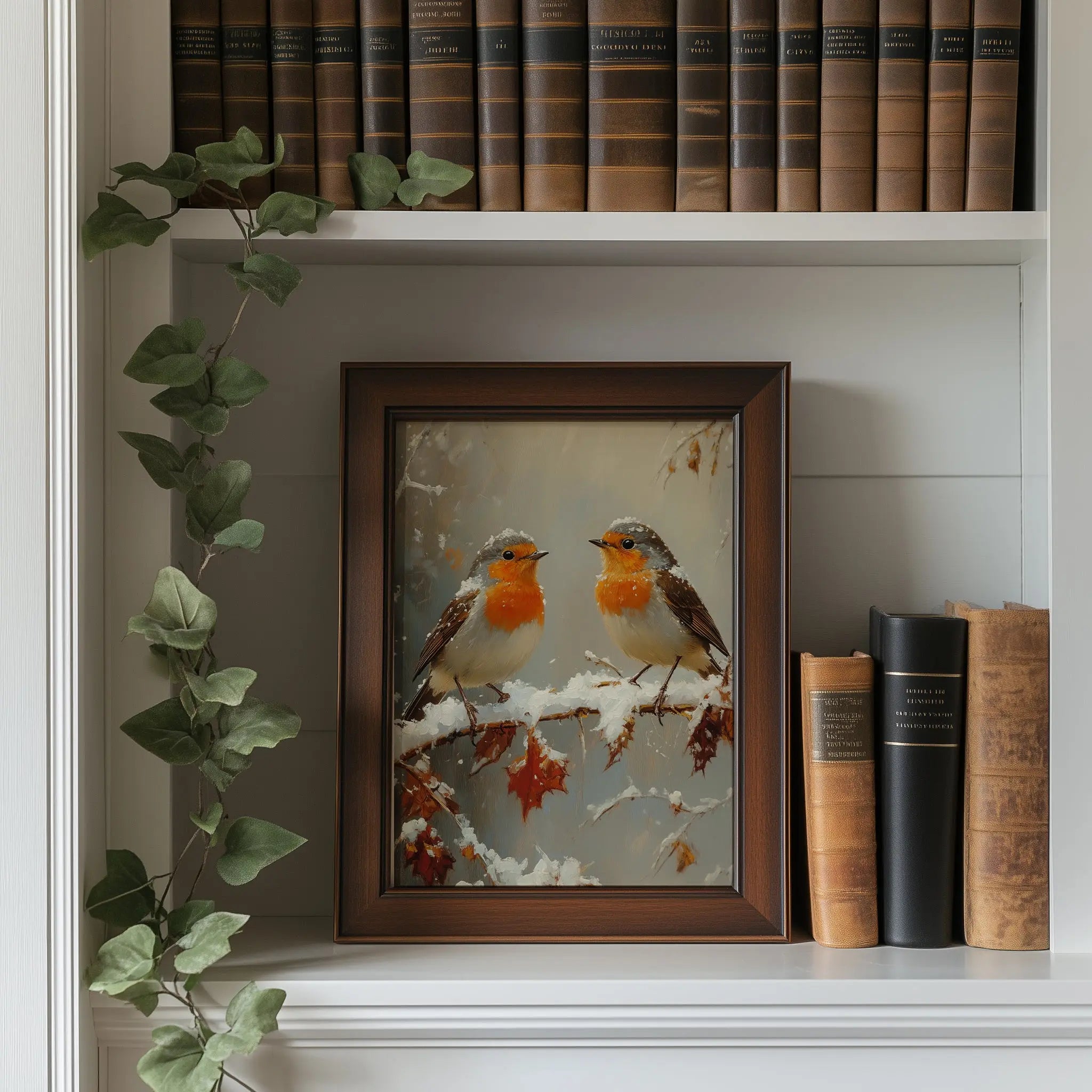 Pair of Robins on Frosty Branch Wall Art, Winter Still Life Oil Painting, Snowy Garden Scene with Peaceful Holiday Ambiance The VelvetPips Lab