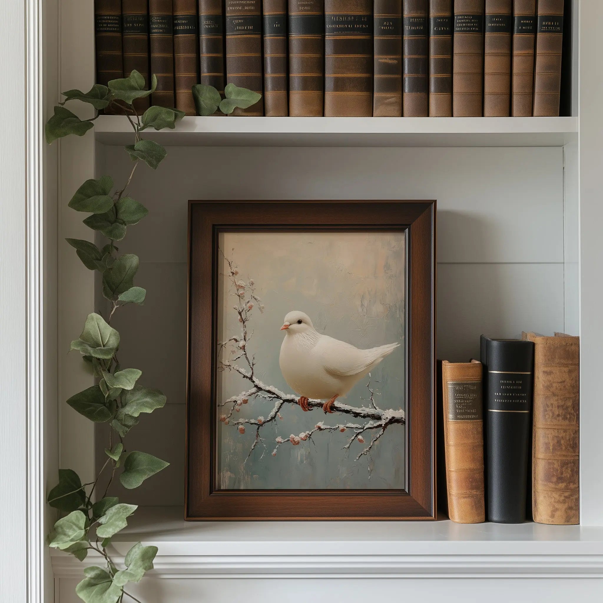 White Dove on Frosty Branch Wall Art, Minimalist Winter Oil Painting, Peaceful Bird Scene with Delicate Brush Texture The VelvetPips Lab