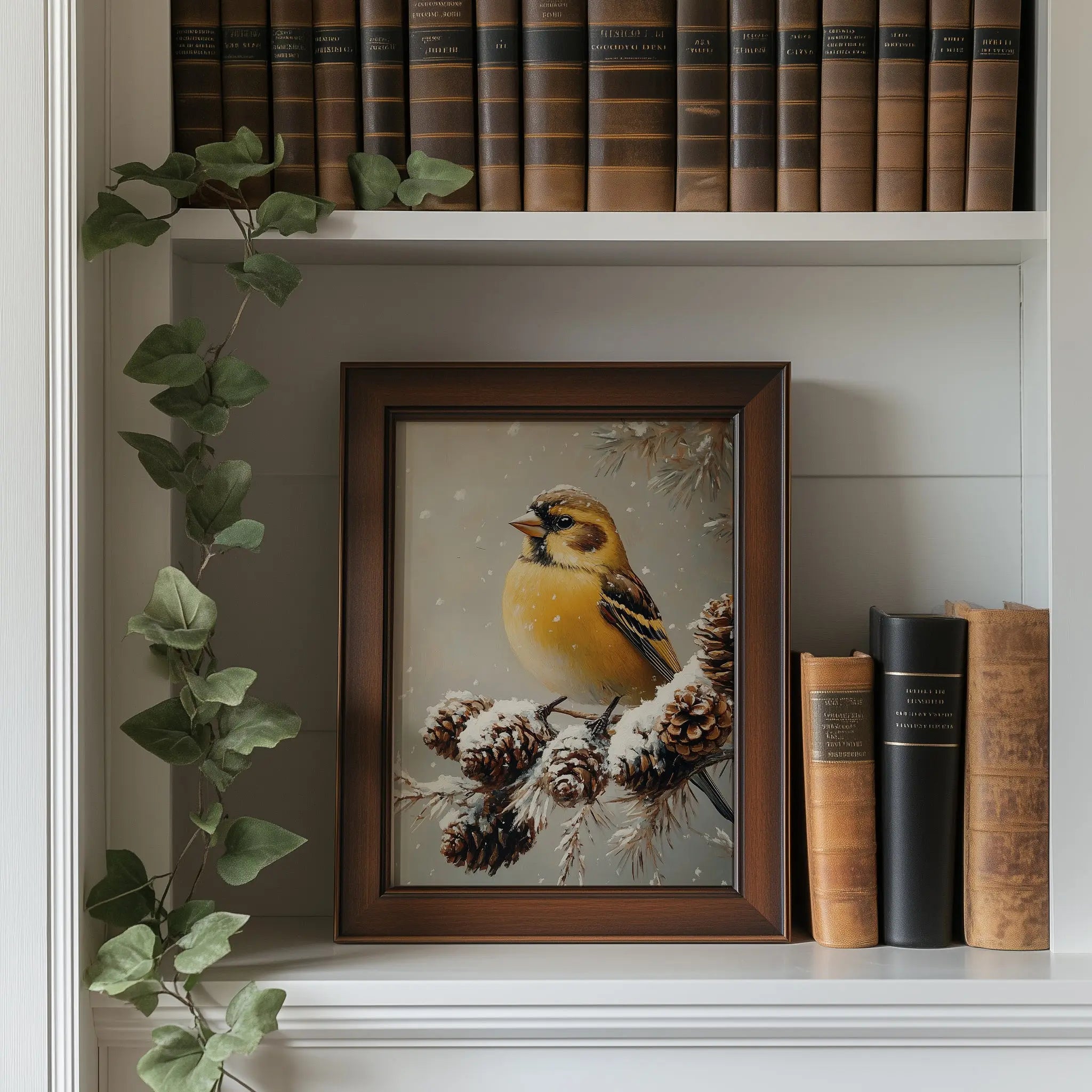 Golden Finch on Frosted Pinecone Branch Wall Art, Winter Still Life Oil Painting, Snowy Nature Scene in Classic Composition The VelvetPips Lab