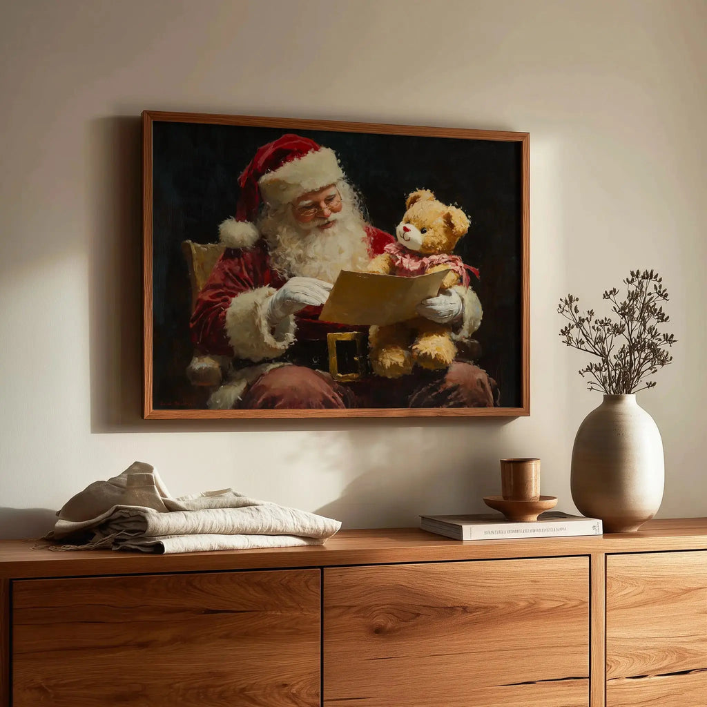 Santa Claus Reading Child’s Letter Wall Art, Horizontal Oil Painting, Christmas Digital Print with Teddy Bear Gift The VelvetPips Lab