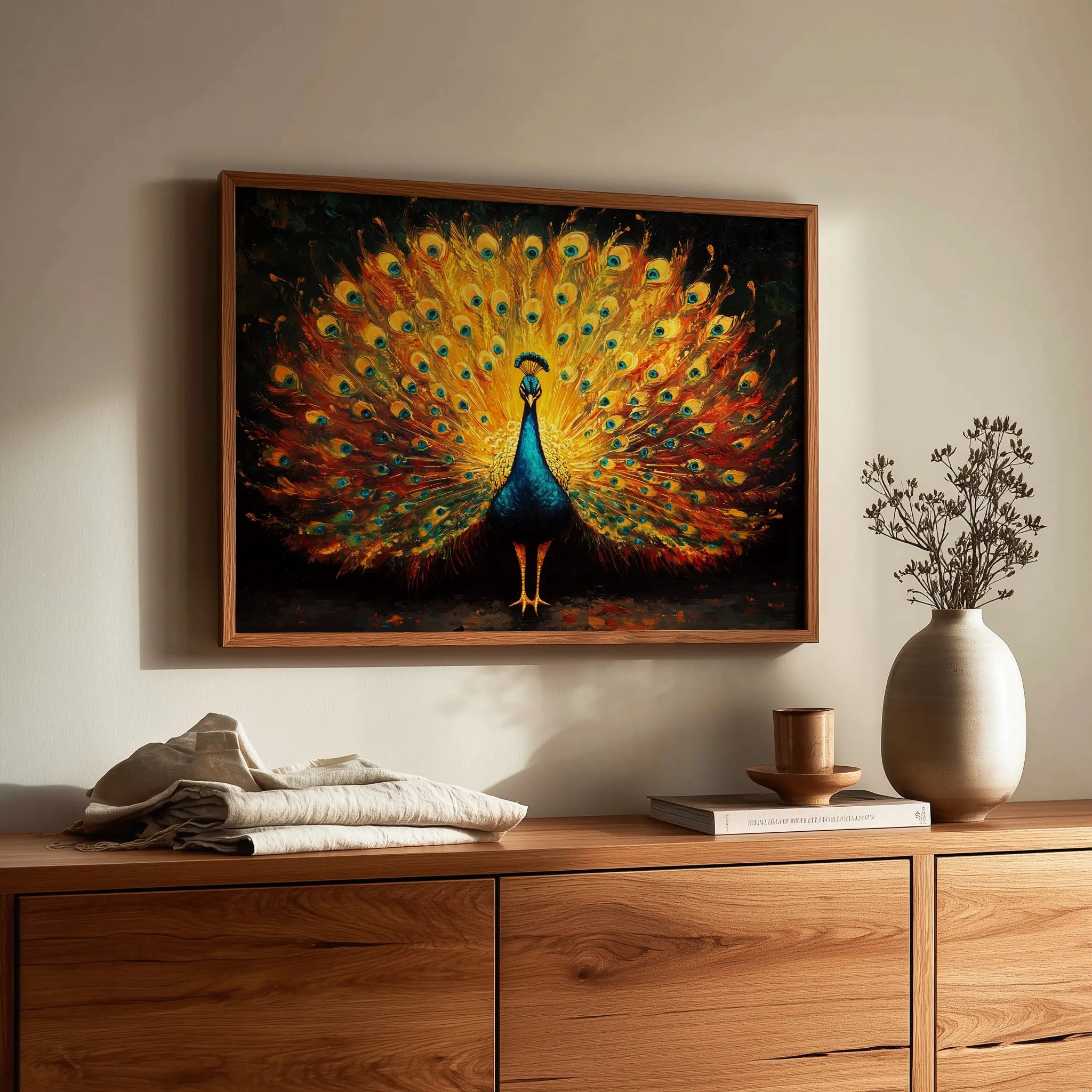 Regal Peacock Wall Art, Oil Painting of Vibrant Plumage Spread, Jewel Tone Feathers with Dramatic Contrast The VelvetPips Lab