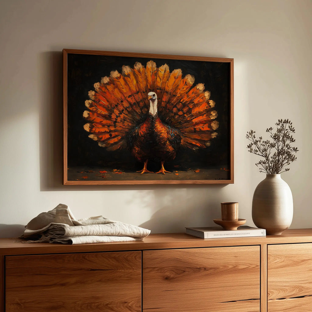 Thanksgiving Turkey Wall Art, Majestic Oil Painting with Full Plumage, Bronze and Gold Feathers in Dramatic Lighting The VelvetPips Lab