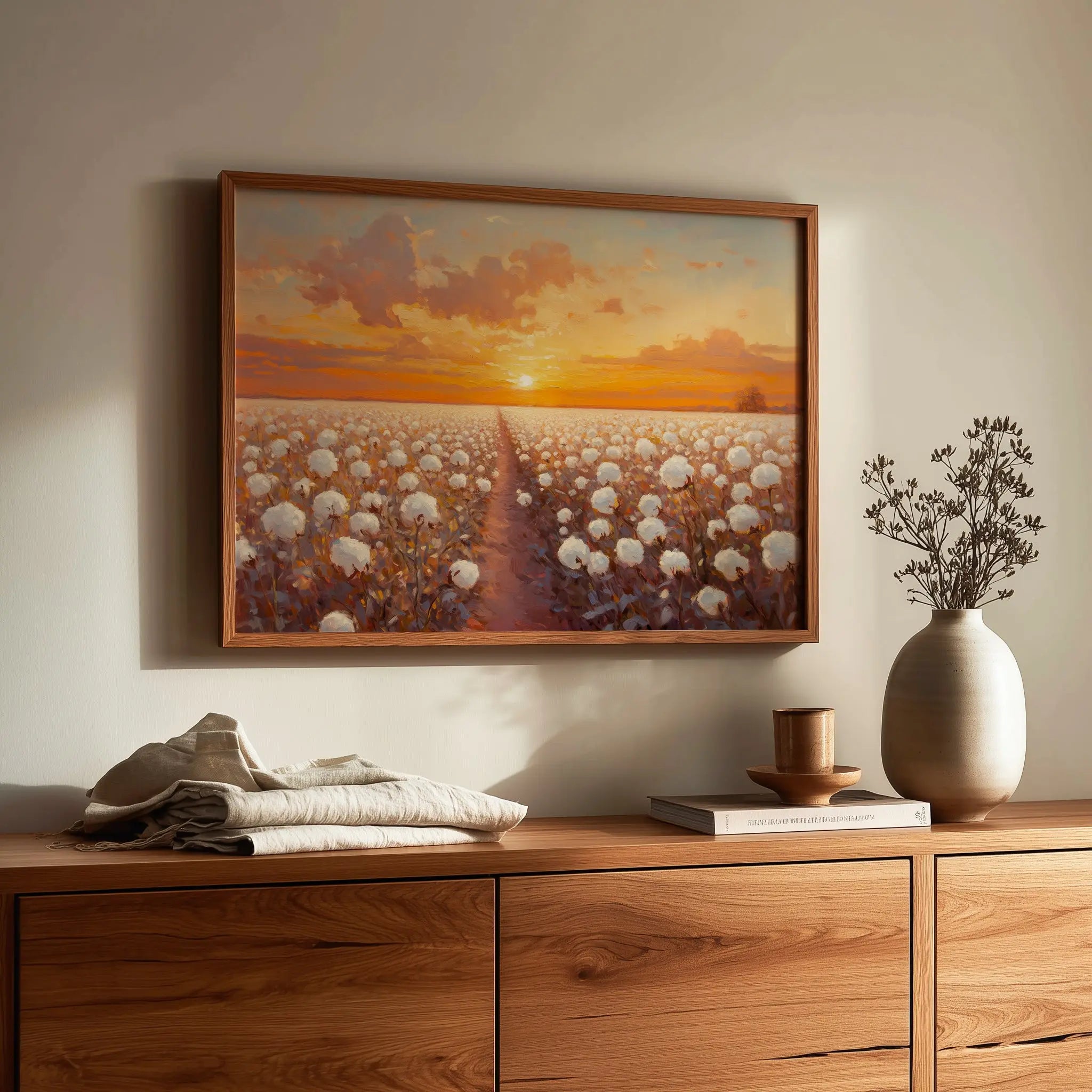 Cotton Field at Sunrise Wall Art, Oil Painting of Glowing Rows of Flowers, Peaceful Morning Landscape in Warm Hues The VelvetPips Lab