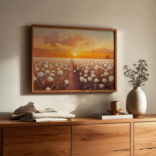 Cotton Field at Sunrise Wall Art, Oil Painting of Glowing Rows of Flowers, Peaceful Morning Landscape in Warm Hues The VelvetPips Lab