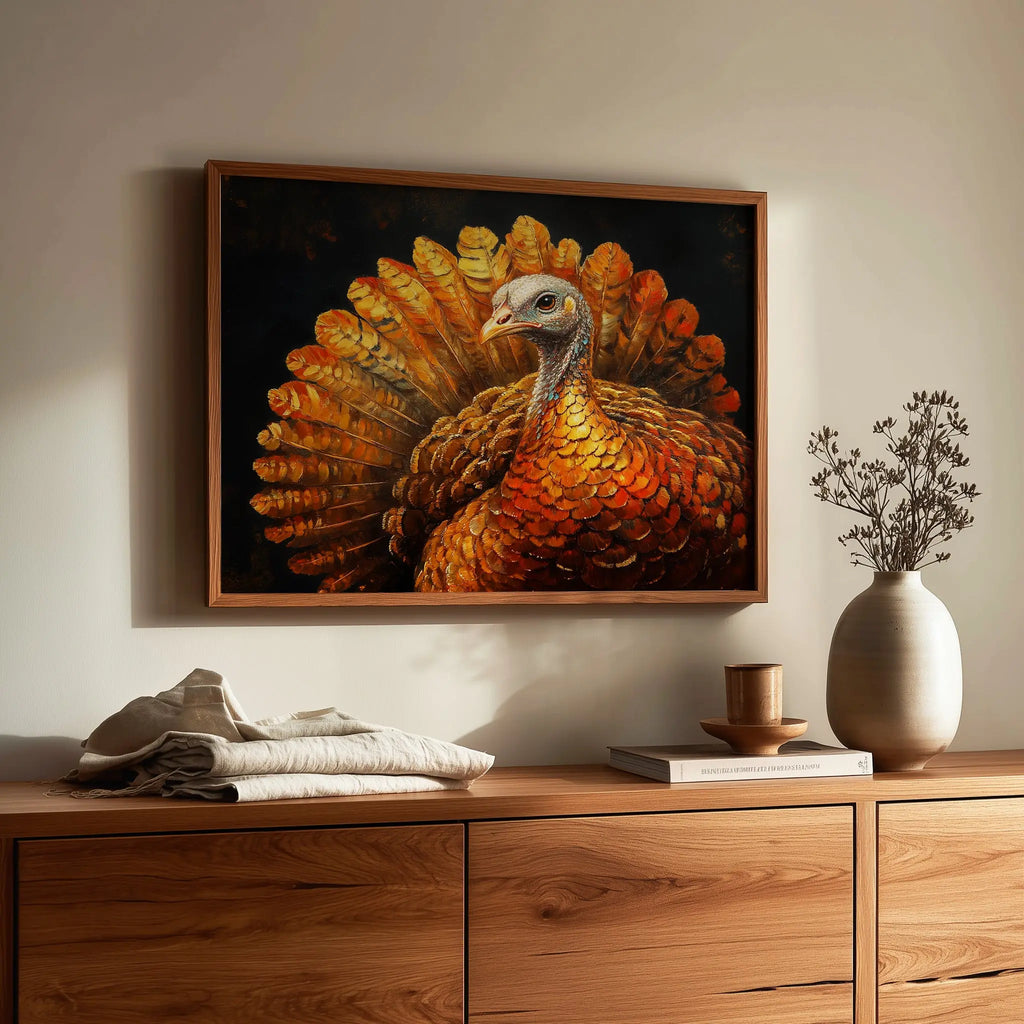 Thanksgiving Turkey Wall Art, Majestic Oil Painting with Golden Feathers, Dramatic Cinematic Lighting on Black Background The VelvetPips Lab