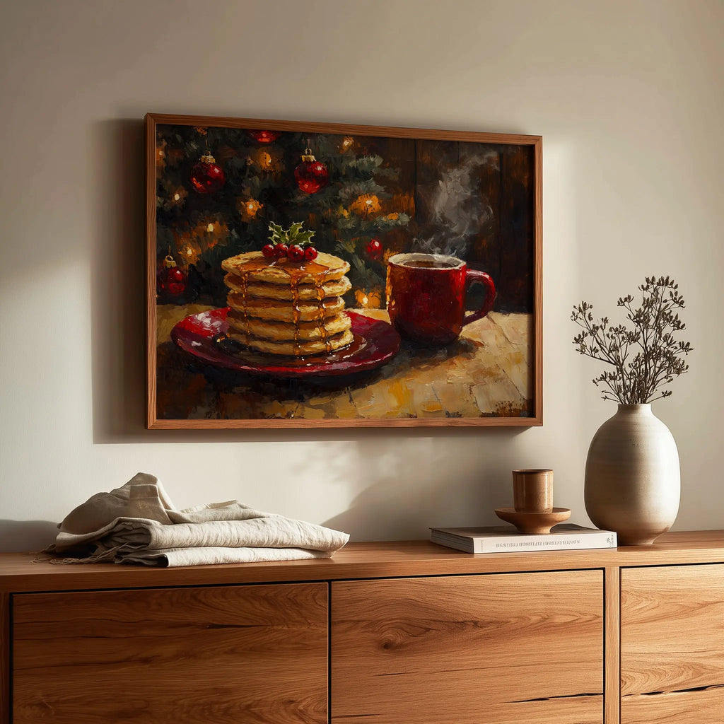 Pancakes with Honey and Coffee Wall Art, Christmas Morning Oil Painting, Cozy Holiday Kitchen Scene The VelvetPips Lab