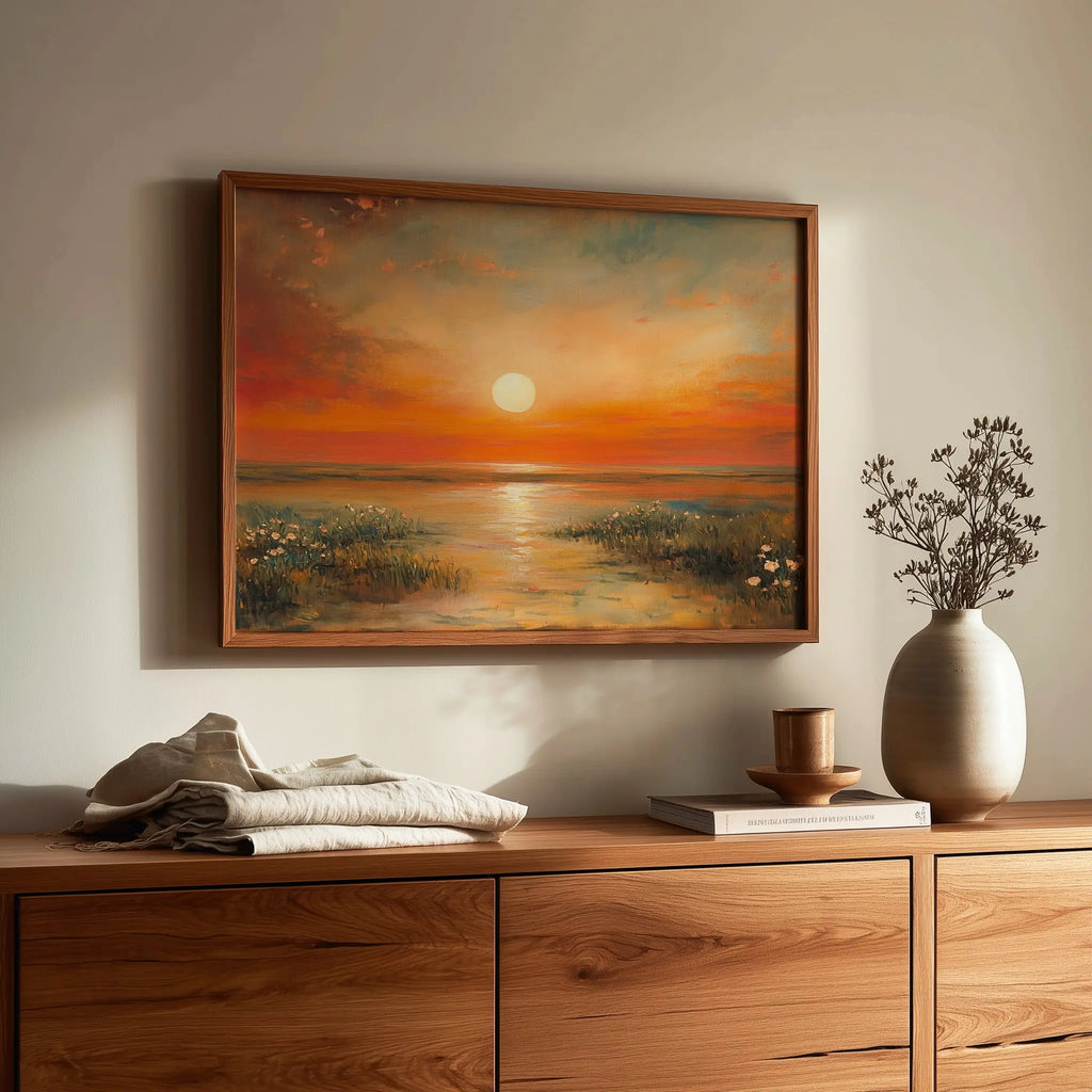 Wildflowers at Daybreak Wall Art, Oil Painting of Radiant Sunrise Landscape, Peaceful Wide-Field Nature Scene The VelvetPips Lab
