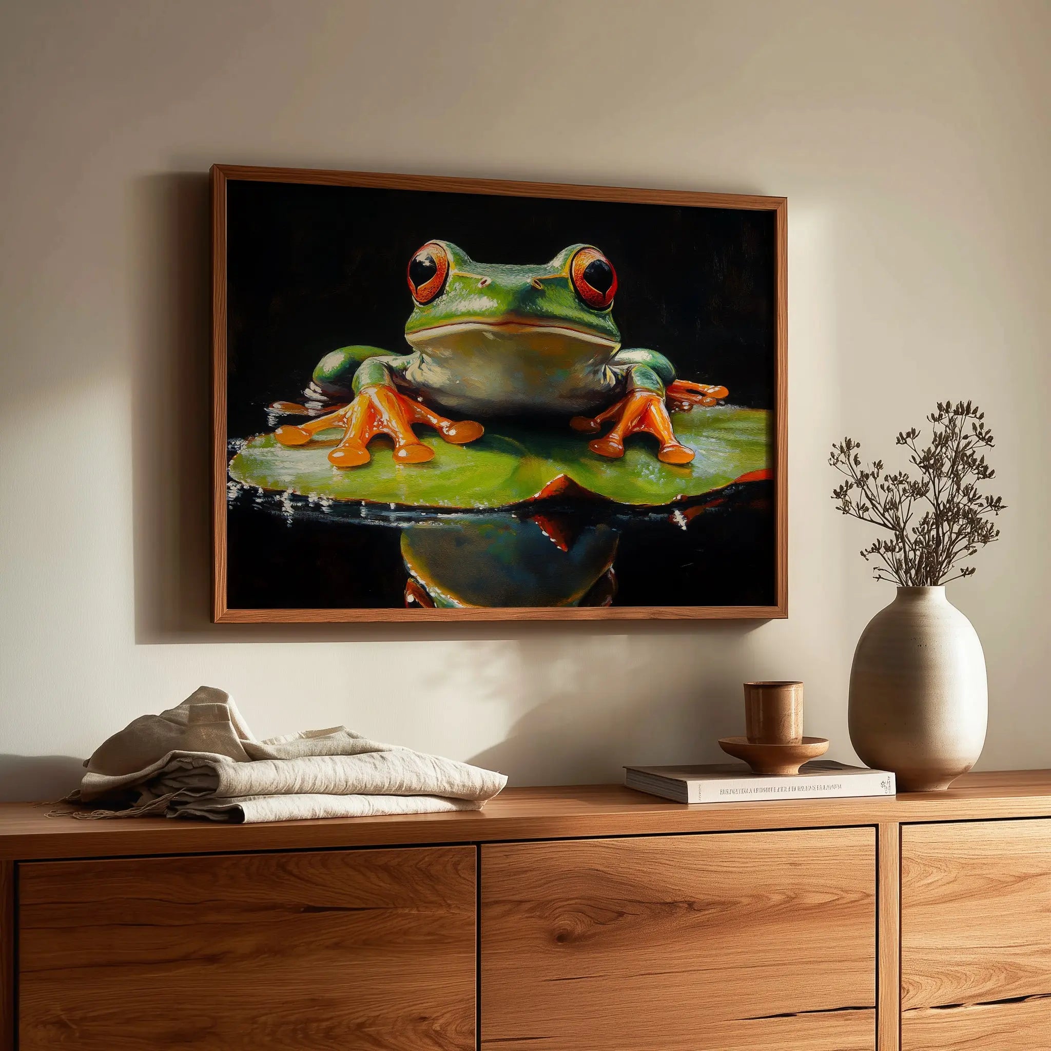 Elegant Frog on Water Lily Wall Art, Oil Painting of Vivid Green Frog with Glowing Highlights, Dramatic Black Background The VelvetPips Lab
