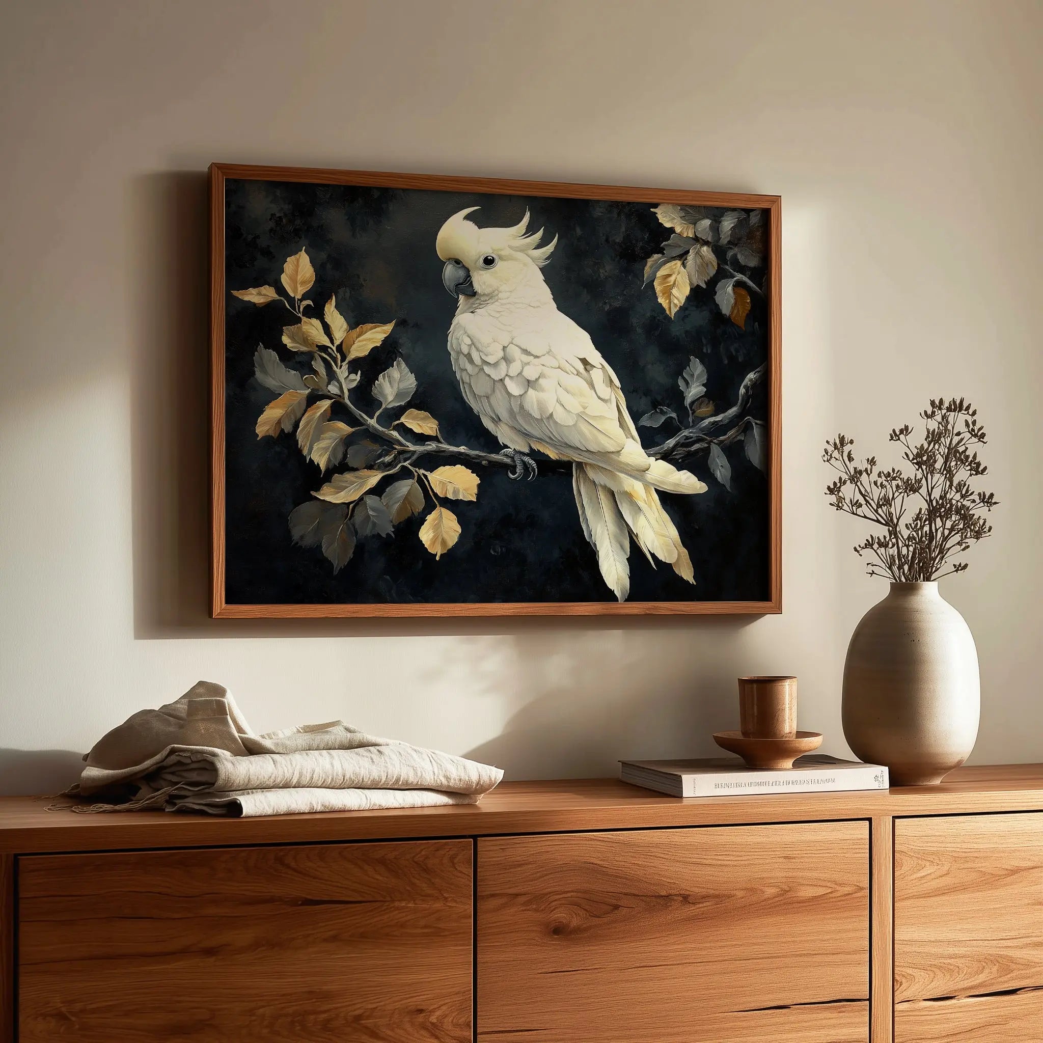 Elegant Cockatoo Wall Art, Oil Painting of White Cockatoo on Leafy Branch, Dramatic Black Background with Soft Highlights The VelvetPips Lab
