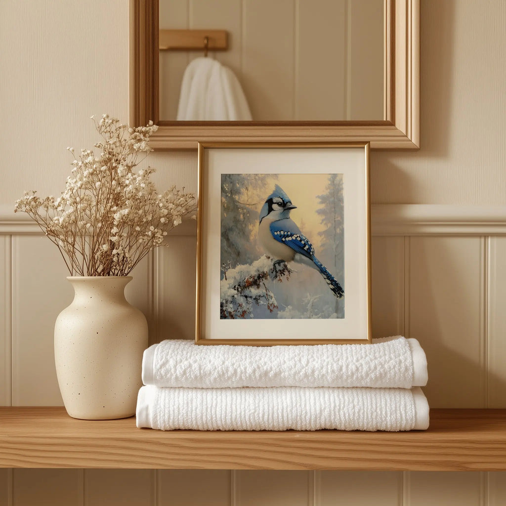 Blue Jay on Frosted Branch Wall Art, Winter Still Life Oil Painting, Snowy Trees and Morning Sky, Cozy Nature Scene The VelvetPips Lab