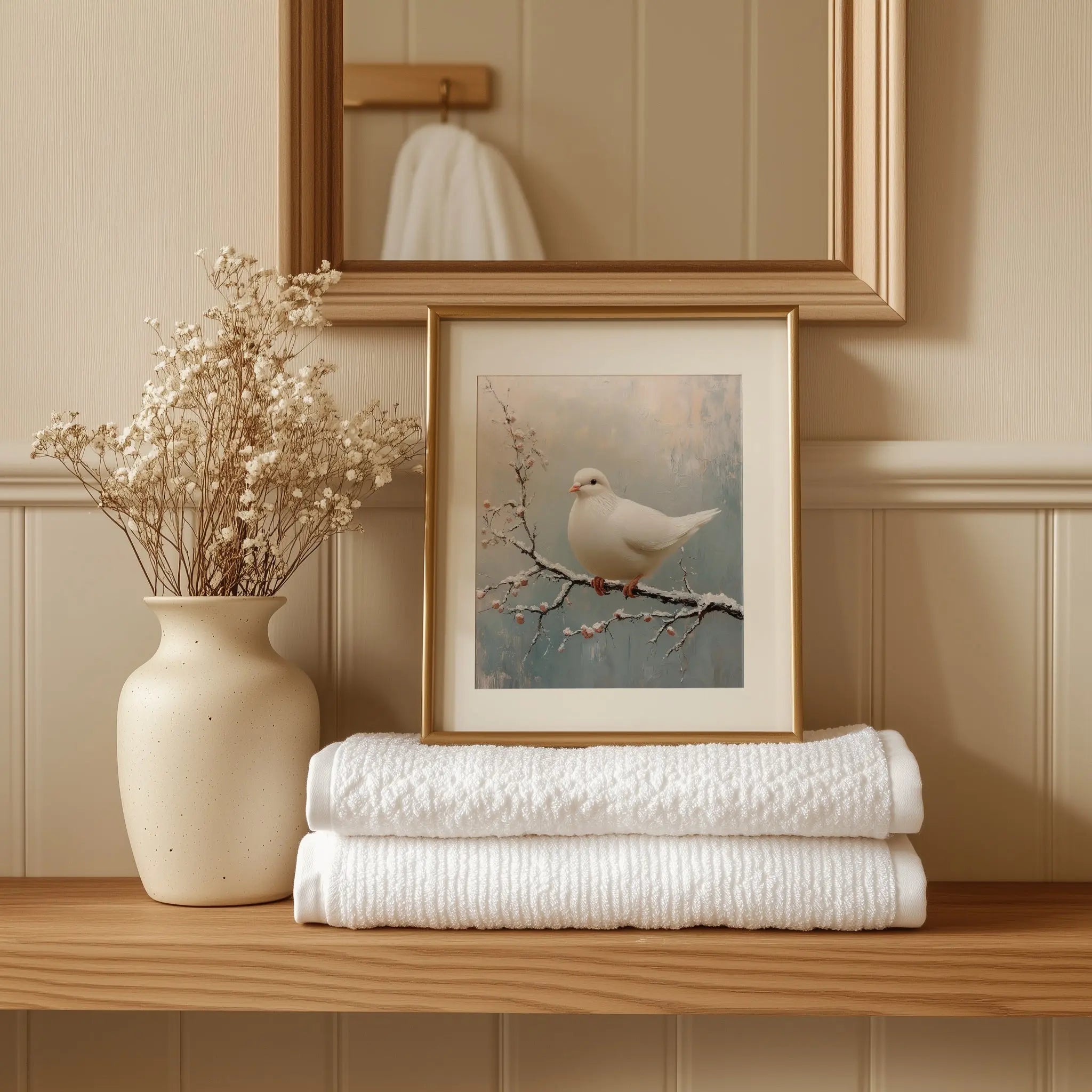 White Dove on Frosty Branch Wall Art, Minimalist Winter Oil Painting, Peaceful Bird Scene with Delicate Brush Texture The VelvetPips Lab