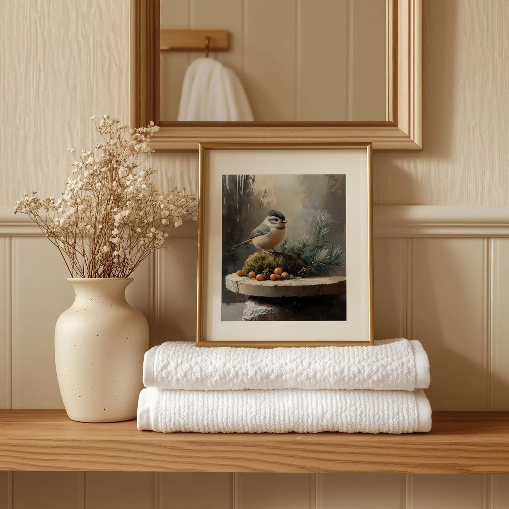Tufted Titmouse on Mossy Stones Wall Art, Winter Still Life Oil Painting, Sunlit Evergreen Sprigs, Cozy Nature Scene The VelvetPips Lab