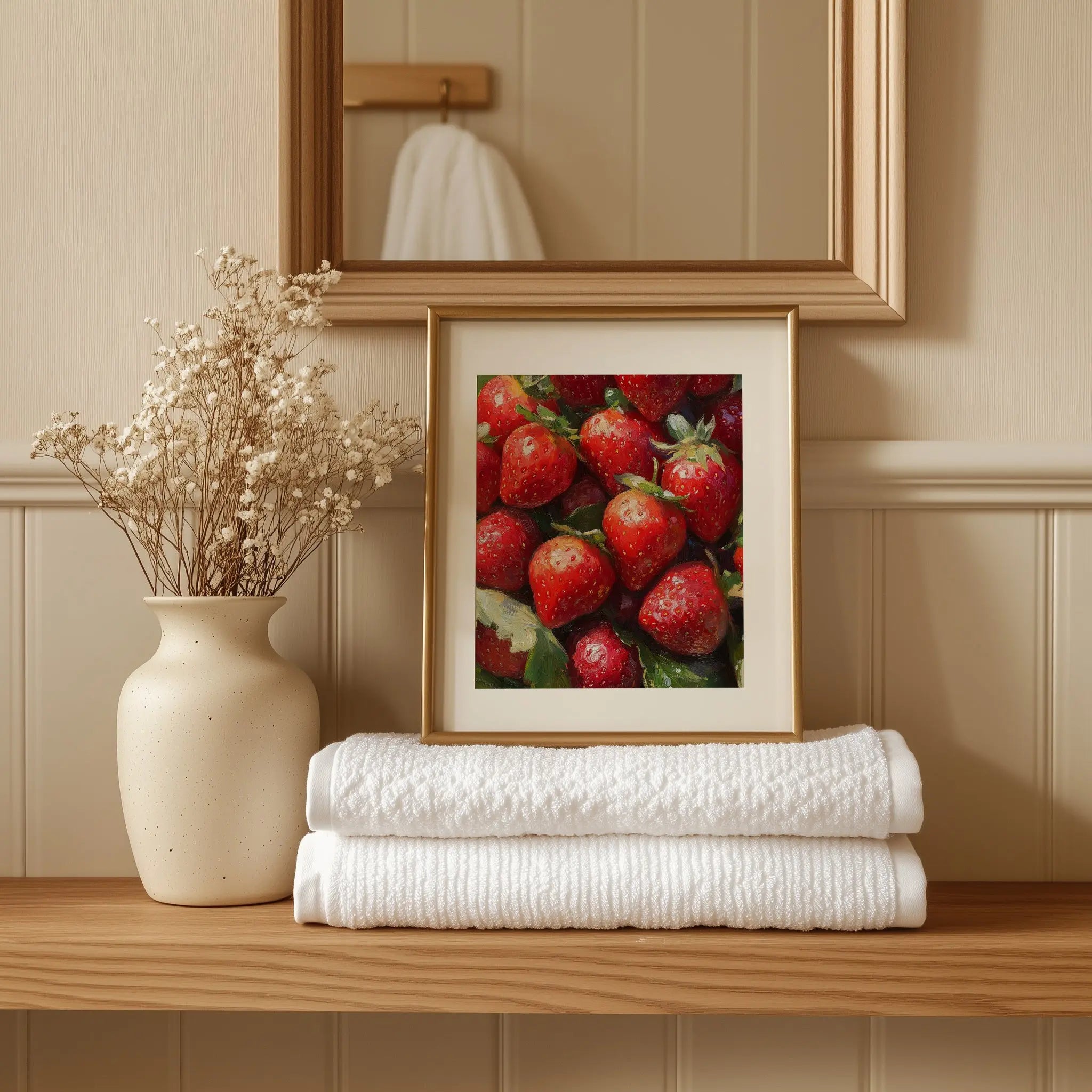 Strawberries Still Life Wall Art, Close-Up Oil Painting of Juicy Red Berries with Summer Light and Lush Shadows The VelvetPips Lab