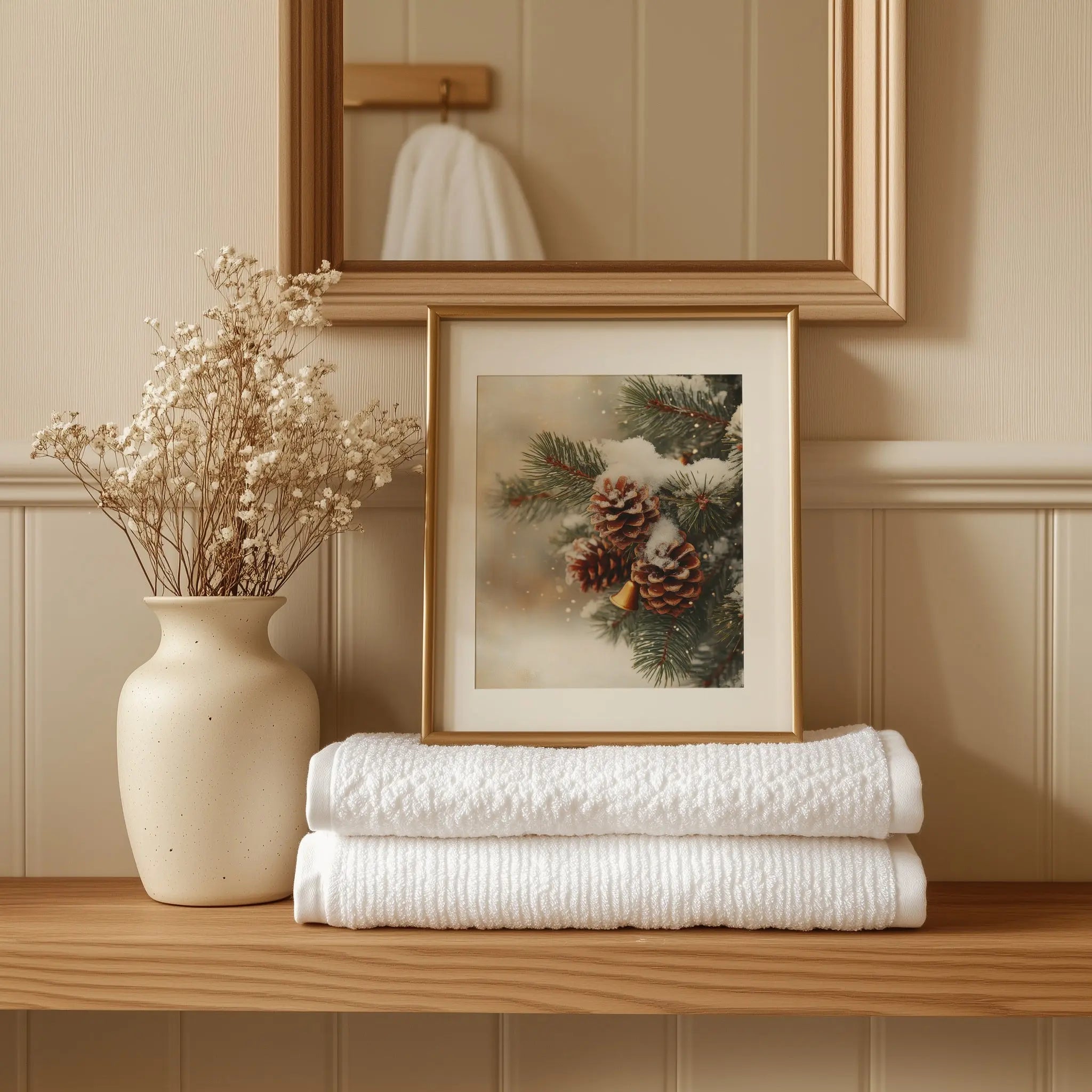 Fir Branch with Snow and Pinecones Christmas Wall Art, Vintage Holiday Oil Painting, Golden Bells and Red Ribbon, Cozy Festive Scene The VelvetPips Lab