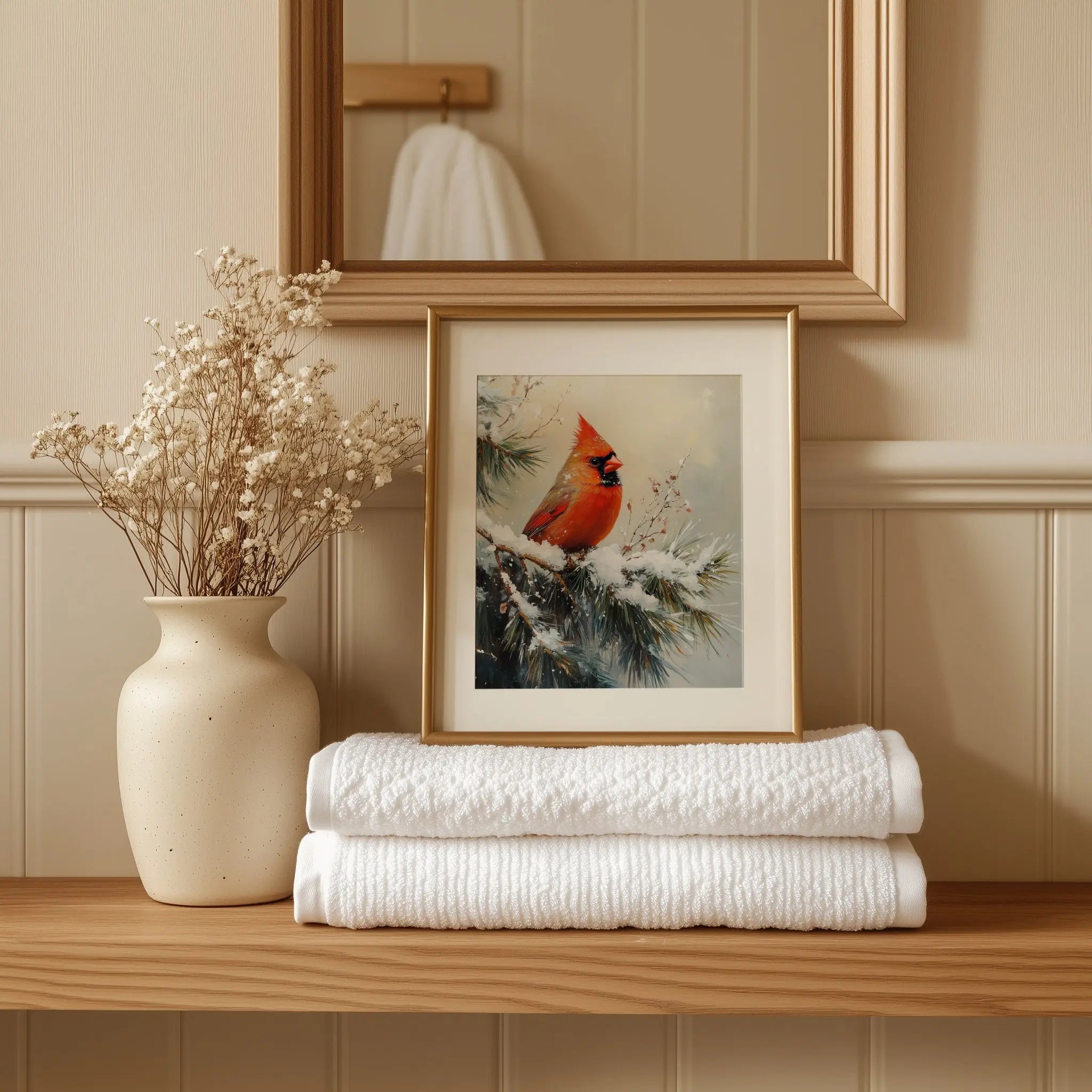 Cardinal on Snowy Pine Branch Wall Art, Winter Still Life Oil Painting, Vibrant Red Bird in Serene Forest Scene The VelvetPips Lab